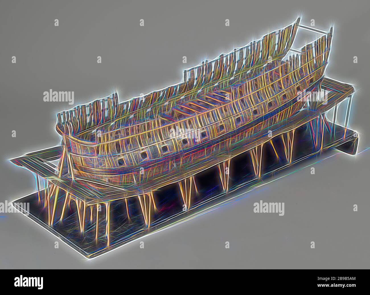 Modèle d'Échafaudage d'un 60 à 68 canons, navire, modèle de treillis de la coque d'un navire sur une pente entouré d'échafaudages en bois, sur un terrain en pente. La peau du modèle a été omise afin que les neuf-cadre cadres sont visibles. En ce qui peut être distingué, le modèle a soixante-six portes d'artillerie répartis sur trois ponts, qui ne sont qu'indiquées par les portes, à l'exception de l'étage inférieur, pour lesquels les poutres de pont sont également équipés. Twisted Mirror avec deux portes, wulf creux, pas de clôture détails ou galeries latérales. Le simple tourne légèrement à chaque extrémité, d'un bar en bois. Ronde plate. Frappant est le remplacement Banque D'Images