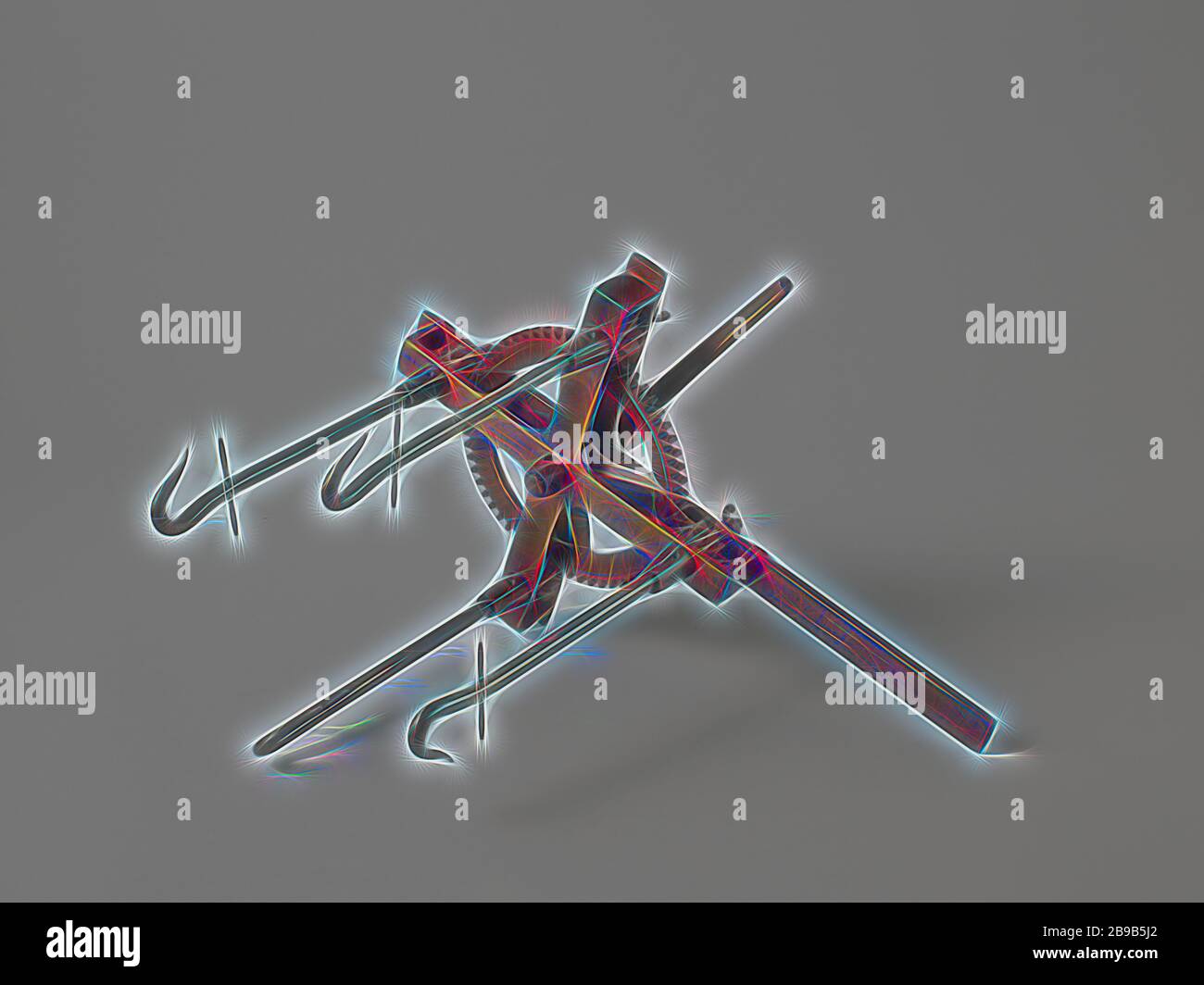 Modèle d'une roue tournante pour les filés, modèle d'un filer dispositif tournant. Entre deux croix une roue est placée, composé d'un grand pignon au centre et quatre plus petits aux extrémités des bras. Les axes de petits pignons sont étendues à l'aide d'un crochet sur lequel une croix : spider le fil est enroulé autour de la croix spider et passé à travers le crochet, qui le prend avec lui dans son mouvement de rotation. Le grand pignon est entraîné par une manivelle. L'un des bras de la croix est prolongée pour la fixation de la roue à un point fixe., Rijkswerf Vlissingen, 1853 - 1854, le bois (matière végétale) Banque D'Images