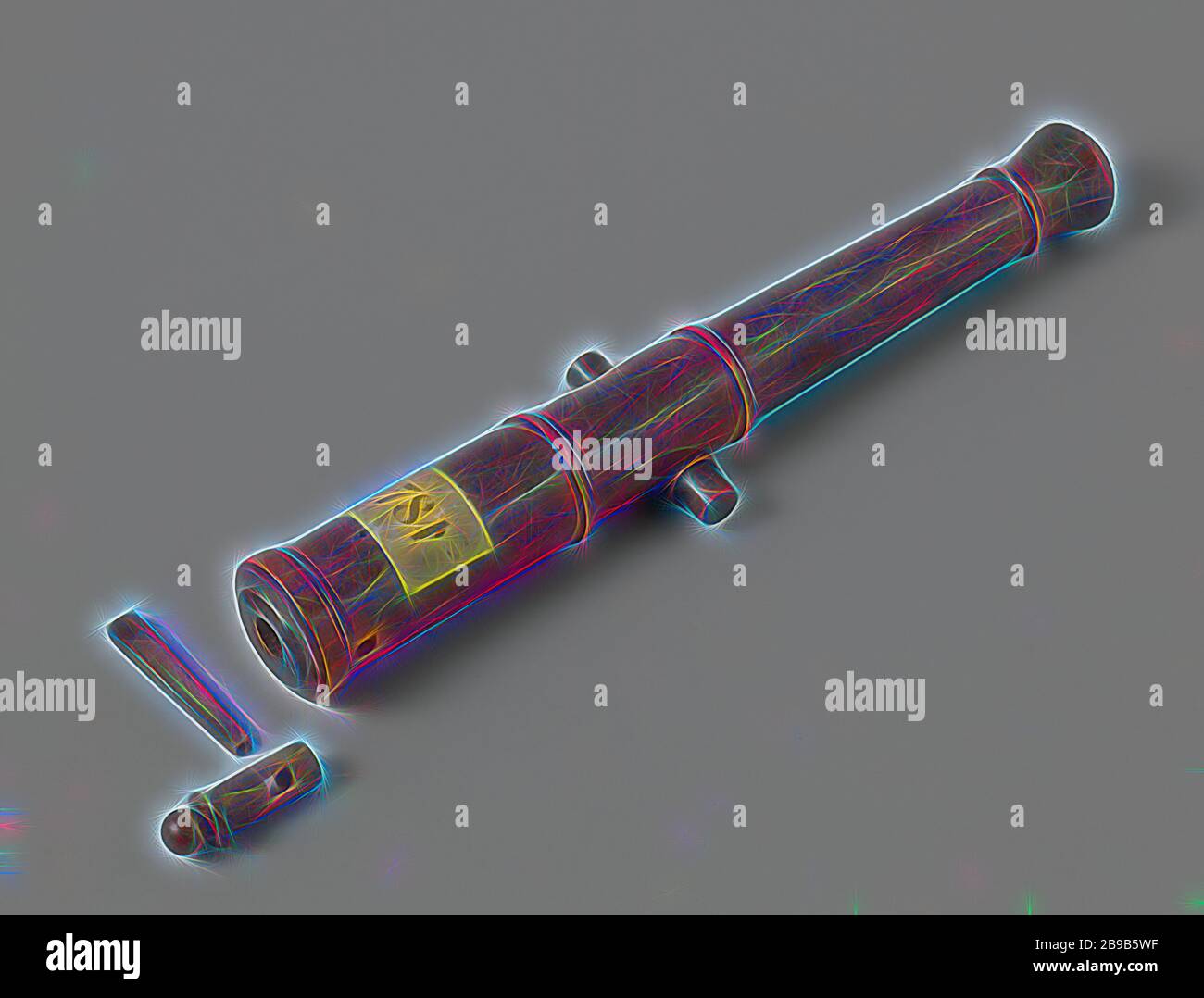 Modèle d'un pistolet à chargement par culasse 24 Pounds, modèle d'un canon long à chargement par le dos de 24 livres, incomplet. Le canon mesure 34,25 cm de long et a un calibre de 14 mm. Une cale à travers la culasse maintient l'extrémité en place, la pierre d'attelage se compose du raisin et du fond de la chambre, qui est tiré vers l'arrière de la culasse. Le cas est manquant. Échelle 1:10 (Obreen)., anonyme, Pays-Bas, 1829, bois (matériel végétal), h 22,5 cm × W 37 cm × d 27,8 cm × c 14 mm, repensé par Gibon, design de brillant gai chaud de luminosité et de rayonnement de lumière. L'art classique réinventé avec une touche moderne. Banque D'Images