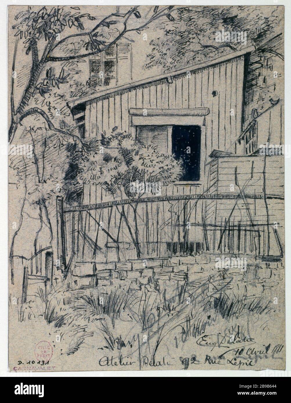Atelier Delatre, 92 rue Lepic 18ème arrondissement Eugène Delatre (1864-1938). Atelier Delâtre, 92 rue Lepic, 18ème arrondissement. Panache sur traits au crayon sur papier chiné gris bleu, 1881. Paris, musée Carnavalet. Banque D'Images