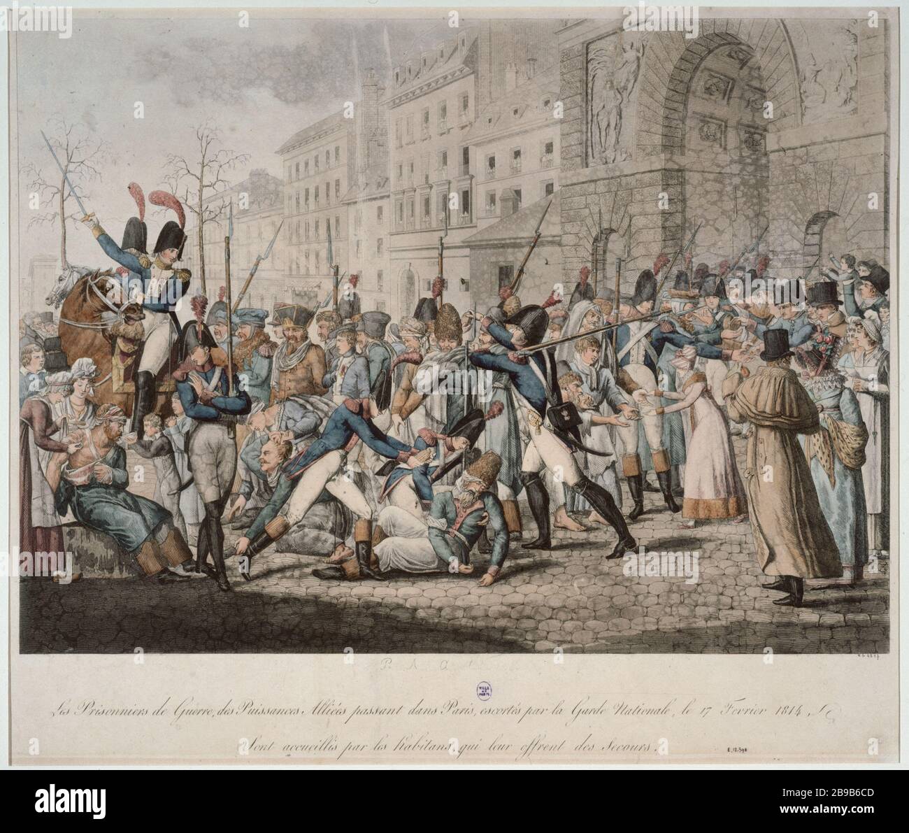 Les prisonniers de guerre alliés passant à Paris Pierre Michel Alix (1762-1817). 'Les prisonniers de guerre des Puissances Alliées passant dans Paris escortés par la Garde nationale le 17 février 1814, sont acueillis par les habitants, qui leur offrent des secourss'. Eau-forte. Paris, musée Carnavalet. Banque D'Images