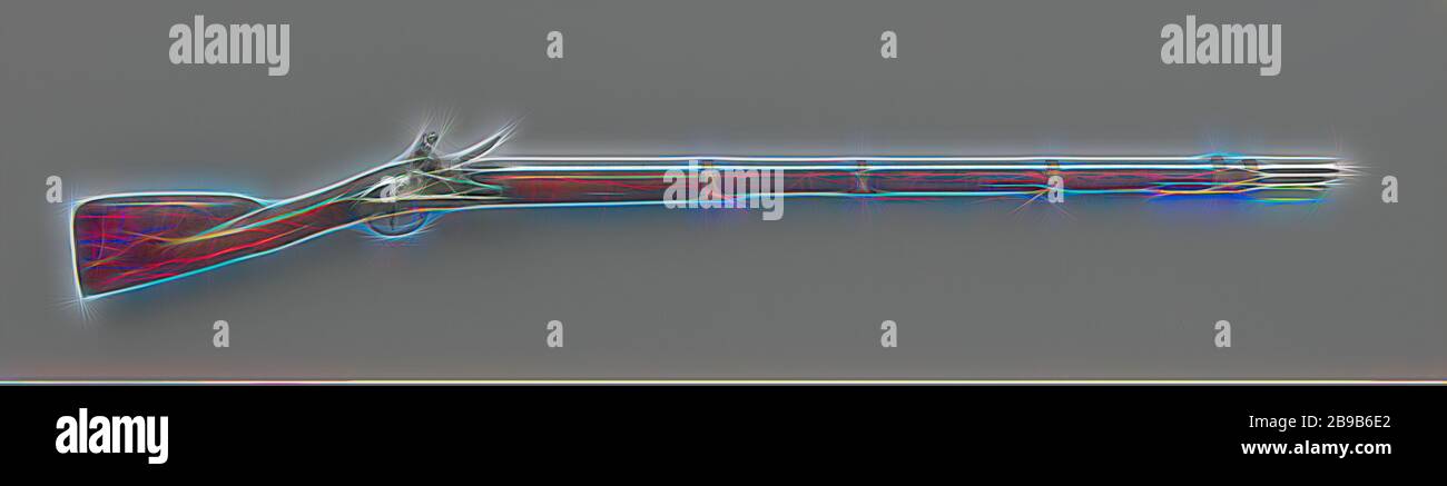 Pistolet à silex avec dispositif de verrouillage de la batterie, canon rond et lisse à la queue d'un morceau de bande de profil. La boucle à prix marqué du label d'Amsterdam et le verrou fixe avec deux vis. Sur la plaque de l'inscription : J.G. Erttel Amsterdam. Ballon Français noyer et incrusté sur fil d'argent et de blocage sur le ballon. Le col du flacon silver avec fil d'argent couronne au-dessus. Quatre fanfares autour de canon et le tiroir, d'abord avec pare-soleil au-dessus du grain et le tube de la tige de chargement ci-dessous, deuxième avec l'œil de fer. Barre de déclenchement avec deux lignes et de motifs de feuilles. Contre-plaque de forme toit avec deux yeux pour boulons de verrouillage et Banque D'Images