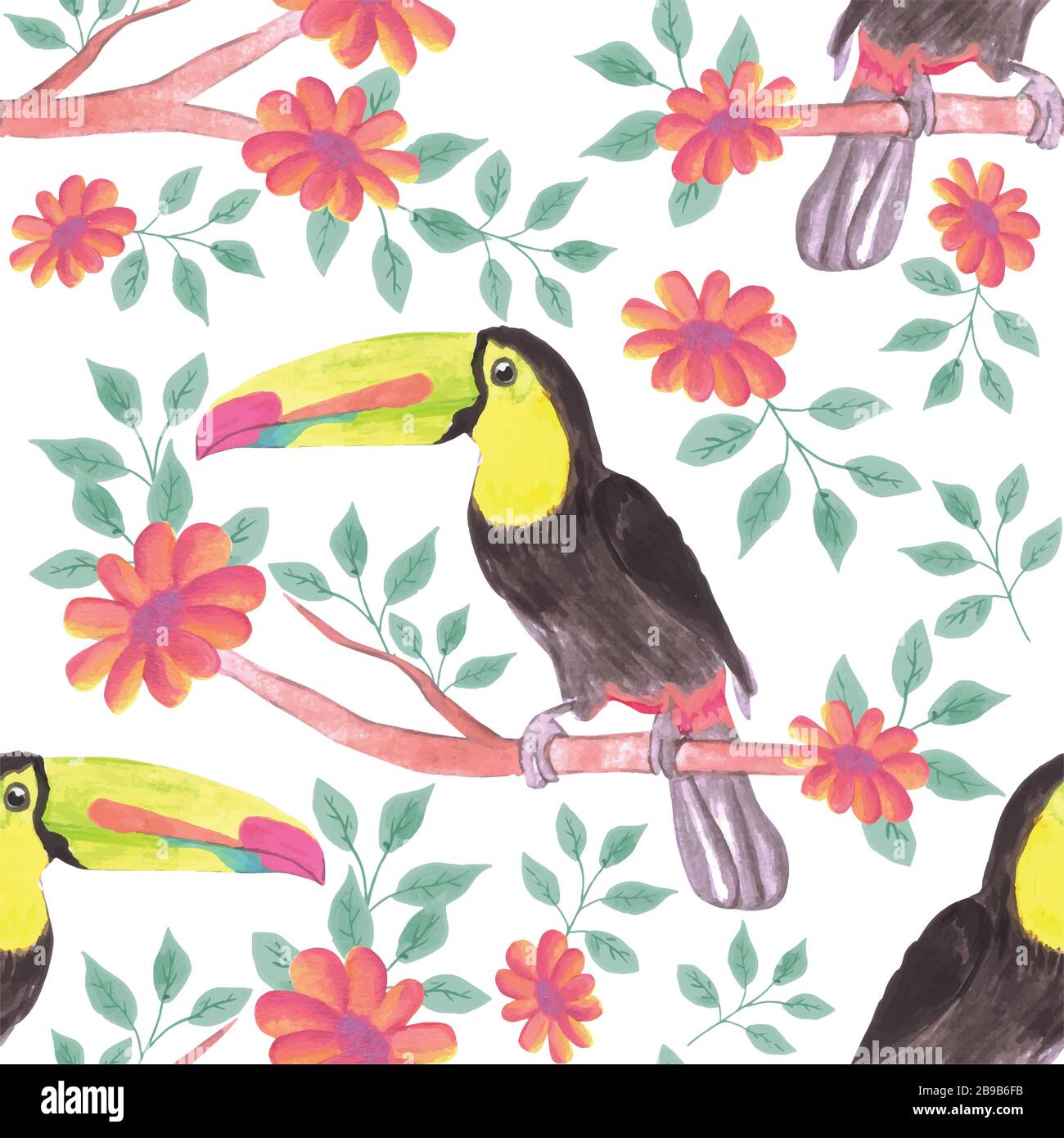 Oiseaux de Toucan à bec de keel ou oiseaux de Ramphastidae sulfuratus sans soudure aux couleurs de l'eau oiseaux et fleurs fond Illustration de Vecteur