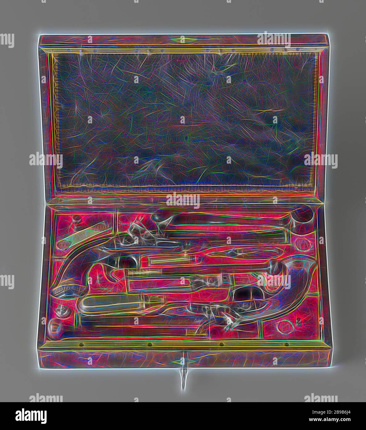 Pistolets de duel avec une enveloppe en paire de pistolets, semble-t-il administré par Napoléon Paire de pistolets Cassette avec deux pistolets et accessoires appartenant à Napoléon Ier, coffret dans lequel un couple de pistolets avec toutes les fournitures. Gravé dans l'or sur le canon : UN DE L'Empereur. Un aigle est gravée sur le bandeau. Trois lettres sont attachés à ce que l'on peut en déduire que ces armes appartenaient à Napoléon I. Les canons ont été pris en tant que butin de l'une des voitures de tourisme de l'empereur, par le frère de Major Henry Sagermans après la bataille de Waterloo, Waterloo, Napoléon I Bonaparte (empereur de Banque D'Images