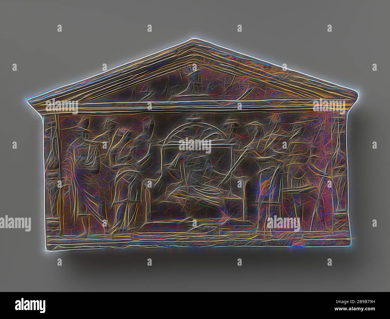 Pierre à foyer avec représentation de la première jurisprudence de Salomon, heartstone en forme de Fronton, au milieu du trône avec Salomon, sur la gauche trois hommes et femme, sur la droite trois hommes et femme avec bébé, tête avant couronnée, décoration simple frontière, noir noirci, petits morceaux au bord supérieur, Particulièrement porté au milieu., anonyme, Pays-Bas du Sud, c. 1600 - c. 1699, brique (produit argile), h 21,6 cm × W 34,1 cm × d 5,2 cm, repensée par Gibon, design de brillant gai chaud de luminosité et de rayons de lumière radiance. L'art classique réinventé avec une touche moderne. Photographie inspirée par fut Banque D'Images