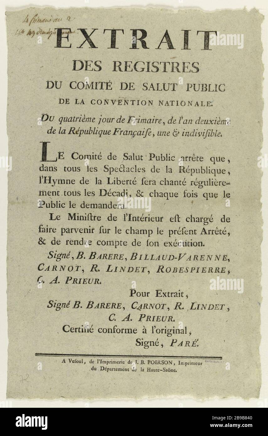 Extrait de la Commission publique des registres de la Convention nationale, du quatrième jour de Frimaire, la deuxième année de l'Anonyme de la République française. 'Trait des registres du Comité de Salut public de la Convention nationale, du quatrième jour de Frimaire, de l'an deuxième de la République française'. Typographie. 1793. Paris, musée Carnavalet. Banque D'Images