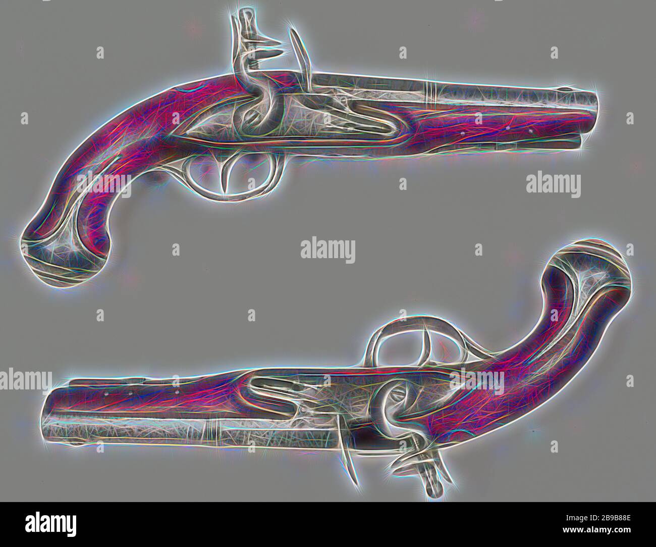 Pistolet à peluches, pistolet à verrouillage par silex, partie de couple. Marchez partiellement autour, partiellement octogonal, lisse à l'intérieur. Grain de visière en fer. Pas de garder. Plaque de blocage ronde. Plaque latérale en fer. Plateau avec un fil argent incrusté. Raccords en fer. Plaque latérale avec crochet de courroie. Bâton de chargement en bois. Haan a probablement renouvelé, Pays-Bas, anonyme, West-Europa, c. 1599 - c. 1699, boucle, kolfkap, slotplaat, lade, kolf, laadstok, laadstokkop, incrustation (procédé), l 27,5 cm l 14,7 cm d 14 mm, repensée par Gibon, design de glouage chaud de la luminosité et des rayons de lumière radiance. L'art classique réinventé avec une touche moderne. Photo Banque D'Images