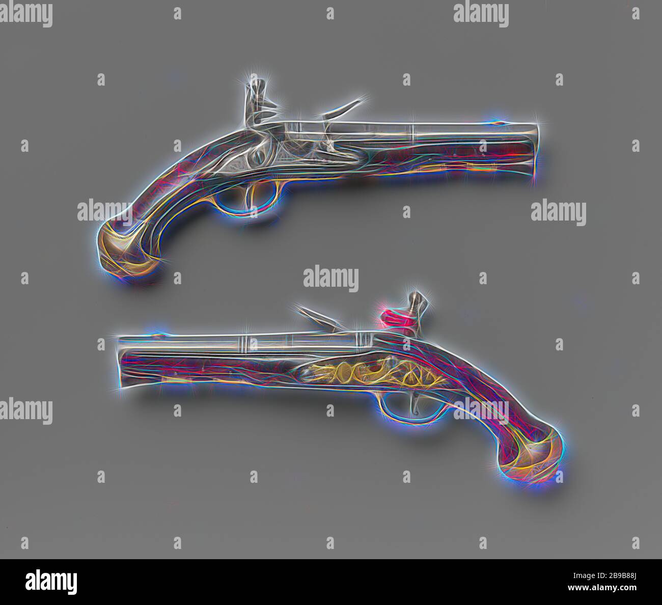 Pistolet équestre à verrouillage par silex, pistolet équestre court à verrouillage par silex, partie de couple. Boucle ronde lisse avec pneus en relief. Grain de visière en laiton, pas de maintien. Plaque de blocage plate marquée. Plaque latérale modifiée. Garnitures en bronze décorées. Bâton de chargement en bois. Sur le canon un manteau d'armes (vraisemblablement l'arme d'Utrecht), Pays-Bas, Barend Penterman, Utrecht, c. 1710 - c. 1723, laiton (alliage), bronze (métal), bois (matériau végétal), l 28,2 cm l 16,4 cm d 15,4 mm, repensé par Gibon, design de brillant gai chaud de luminosité et de rayonnement de rayons lumineux. L'art classique réinventé avec une touche moderne. Phot Banque D'Images