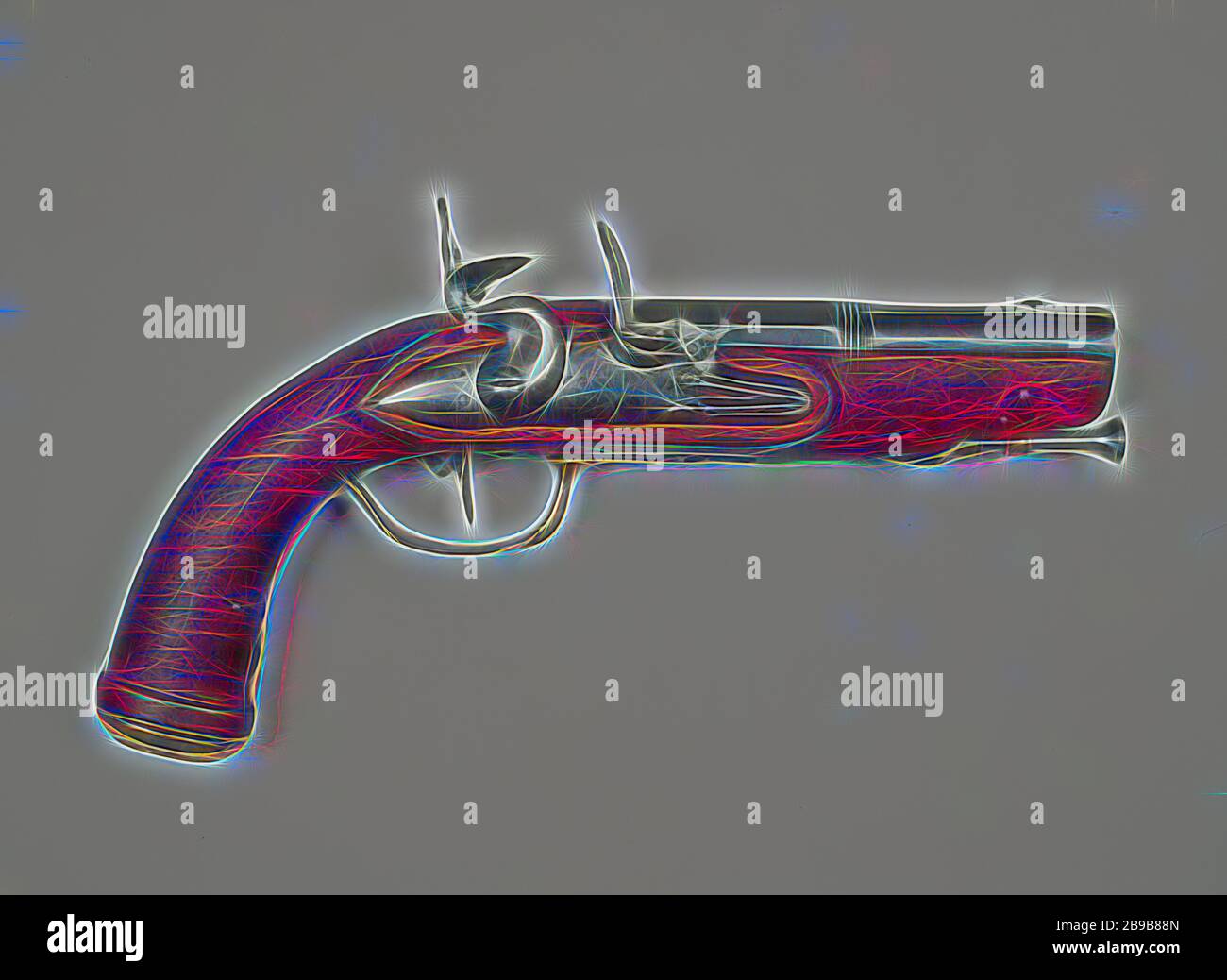 Pistolet à silex équestres lock, petit pistolet à silex équestres lock, partie de couple. Bon fonctionnement, en partie, en partie octogonale ronde. Visière grain, pas de conserver. Cinq sonneries. Les pistolets ont raccords en cuivre et sont marqués sur la platine ronde plate, bien que très usés : CO ... achet à Delft, sur le fourreau sous le LG ( = Liège) tiroir. Décoration un peu de pâte. tombbak Chargement d'acier stick. Deux petites plaques latérales. Le tiroir d'un pistolet de couple est incrusté d'argent thread, Pays-Bas, anonyme, Delft, c. 1750 - c. 1800, boucle, slotplaat kolfplaat trekcurbeugel,,,,, kolf lade l 24,5 cm l Banque D'Images