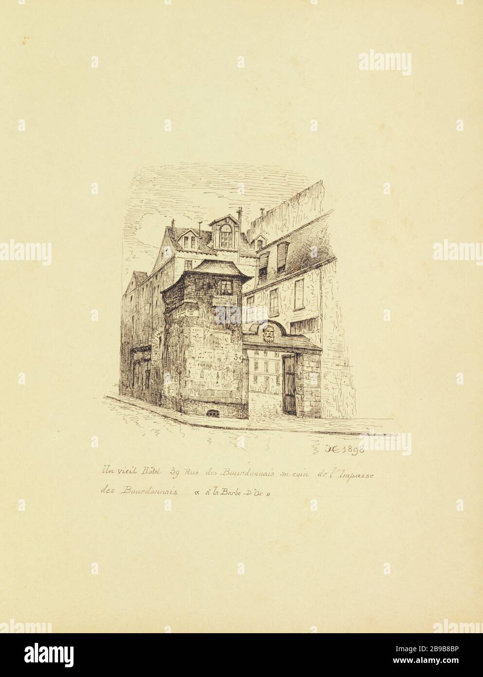 [Vieux Paris] une maison, 39 rue des Bourdonnais le coin de l'impasse des Bourdonnais la barbe d'or, 1898 Henri Chapelle (1850-1925), dessinateur français. Le Vieux Paris. Une maison, 39 rue des Bourdonnais au coin de l'impasse des Bourdonnais 'à la Barbe d'Or'. Panache, encre de chine. Paris (Ier arr.), 1898. Paris, musée Carnavalet. Banque D'Images