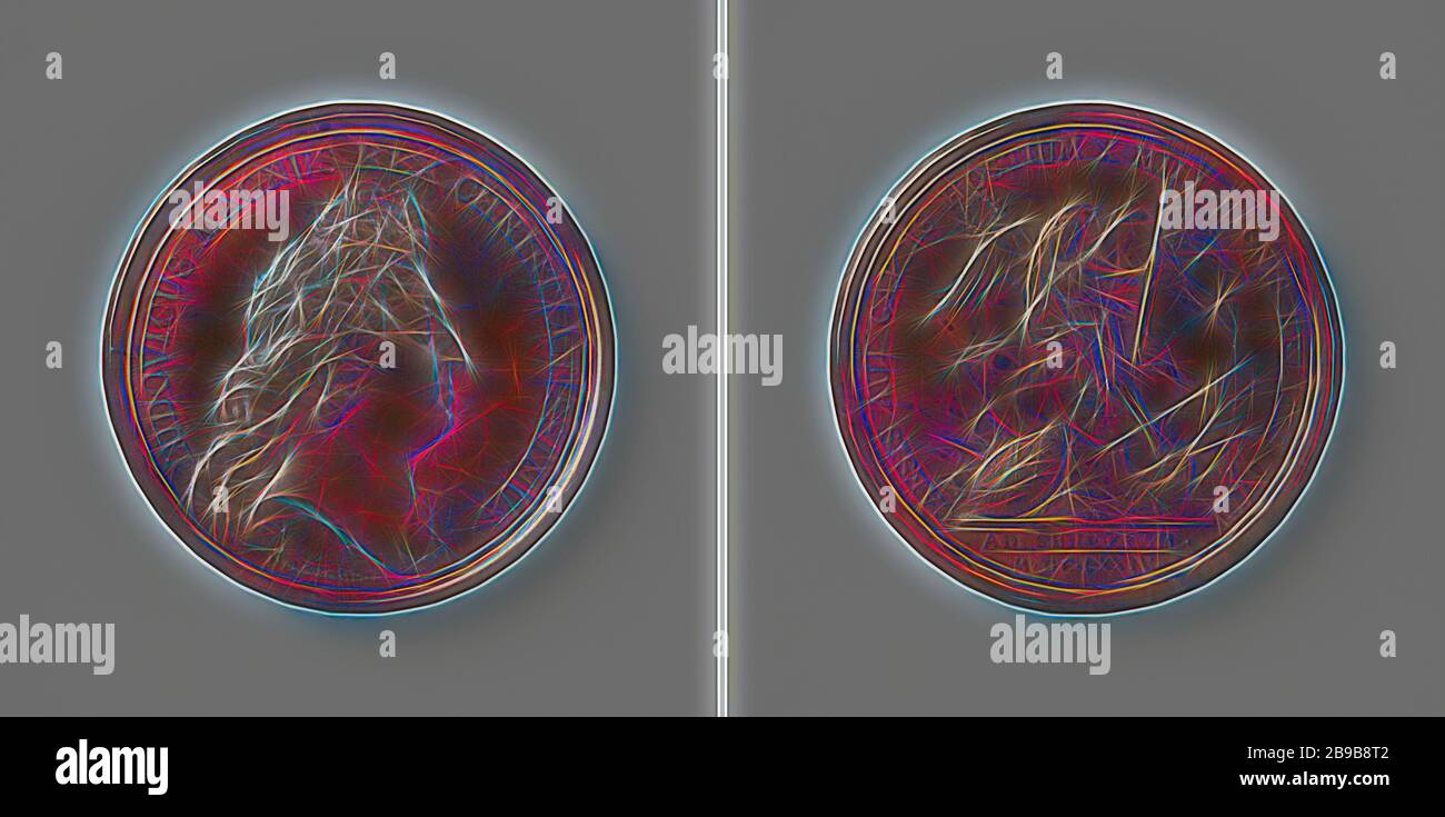 Bataille de Senef, médaille de bronze. Avant : buste de l'homme à l'intérieur. Inverse: Victoire avec couronne de laurier et standard avec trois lilas volant au-dessus du tas d'engins de guerre dans une circonférence, Seneffe, Hainaut, Louis XIV (roi de France), Jean Mriger, Paris, 1699 - 1703, bronze (métal), frappant (métallurgie), d 4,1 cm × W 30.64 gr, réinventé par Gibon, conception d'un brillant chaleureux et joyeux de la luminosité et des rayons de lumière radiance. L'art classique réinventé avec une touche moderne. La photographie inspirée du futurisme, qui embrasse l'énergie dynamique de la technologie moderne, du mouvement, de la vitesse et révolutionne la culture. Banque D'Images