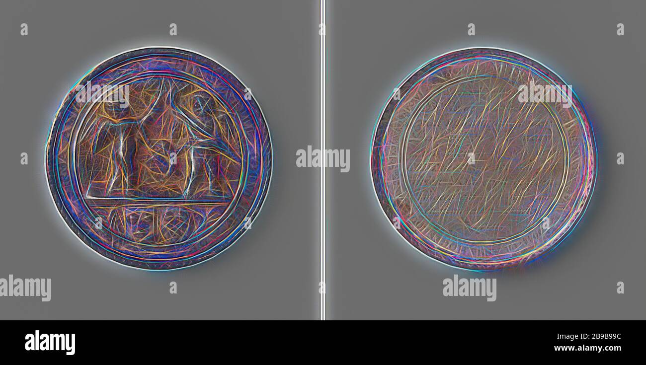 Vingt-cinq ans de mariage entre Franco van Bleizwijk et Anna Hogenhouk, Médaille d'argent. Avant: Deux petits anges avec une torche portent un collier ensemble, avec un anneau avec deux pigeons dedans, accrochant au-dessus de deux manteaux d'armes dans une inscription. Inverse : inscription à l'intérieur, Franco van Bleiswijck, Anna Hogenhouk, anonyme, Pays-Bas, 1696, argent (métal), gravure, d 5,6 cm × W 41,17 gr, repensée par Gibon, design de glouage chaleureux de luminosité et de rayonnement de lumière. L'art classique réinventé avec une touche moderne. La photographie inspirée du futurisme, embrassant l'énergie dynamique du technolo moderne Banque D'Images