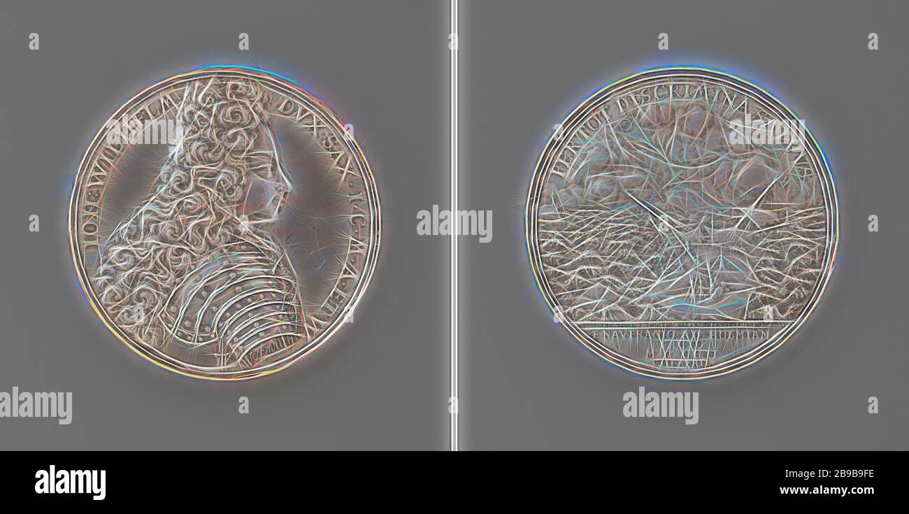 Johann Willem de Saxe-Gotha, en raison de la survie de son naufrage, médaille d'argent. Avant : buste de l'homme à l'intérieur. Inverse: Navire qui se décompose par temps lourd, inscription ci-dessus, inscription Johann Wilhelm von Sachsen-Gotha-Altenburg, Christian Wermuth, Gotha, 1702, argent (métal), frappant (métallurgie), d 5,2 cm × W 58,68 gr, repensé par Gibon, design de glanissement chaleureux et rayons de lumière radiance. L'art classique réinventé avec une touche moderne. La photographie inspirée du futurisme, qui embrasse l'énergie dynamique de la technologie moderne, du mouvement, de la vitesse et révolutionne le cultu Banque D'Images