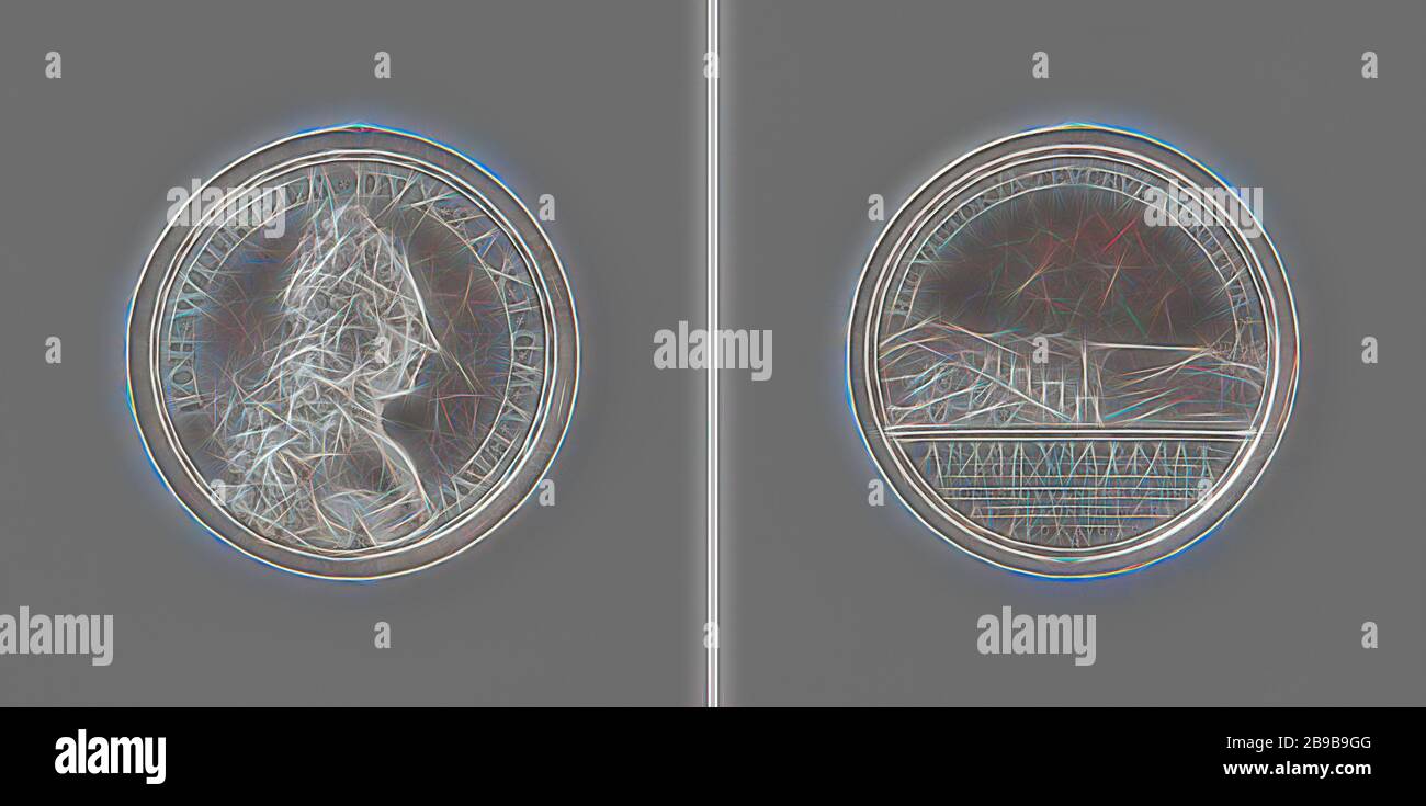 Johan Willem, duc de Saxe-Gotha est tué en action à Toulon, Médaille d'argent Front: Buste de l'homme à l'intérieur. Inverse : vue sur la ville de Toulon et batteries dans un emballage, couper : Inscription, Toulon, Provence-Alpes-Côte d'Azur, Johann Wilhelm von Sachsen-Gotha-Altenburg, Johann Christian Koch, Gotha, 1707, argent (métal), frappante (métallurgie), de 4,4 cm × W 36,28 gr, repensée par Gibon, design de glanissement chaleureux de la luminosité et des rayons de lumière radiance. L'art classique réinventé avec une touche moderne. La photographie inspirée du futurisme, qui embrasse l'énergie dynamique de la technologie moderne, Banque D'Images