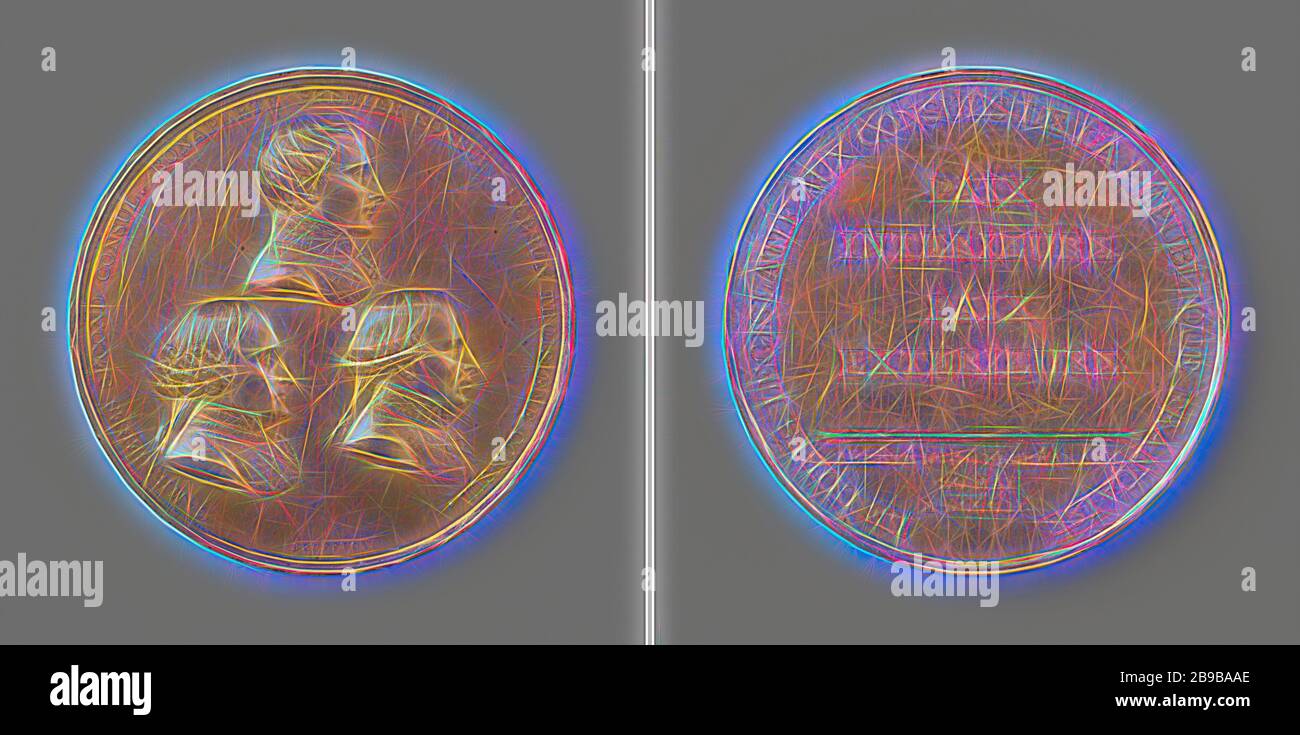 Paix d'Amiens, en l'honneur des trois consuls, Front: Bustes de trois hommes: Au-dessus du consul du premier ministre, en dessous de cela, les deux autres consuls également, dans une couverture. Inverse: Inscription, découpée: Inscription à l'intérieur, Amiens, Napoléon I Bonaparte (empereur des Français), Jean-Jacques Régis de Cambacé rès (duc de Parme), Charles-François Lebrun (duc de Piacenza), Romain Vincent Jeuffroy, Opole, 1802, métal, doré, d 6.8 cm × 88.91, imaginé par Giregr conception d'un brillant chaleureux et joyeux de la luminosité et des rayons de lumière radiance. L'art classique réinventé avec une touche moderne. La photographie en tout cas Banque D'Images