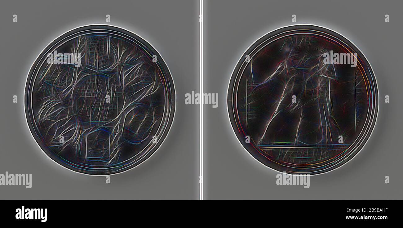 La première paix de Paris entre la France et les Alliés, la Médaille de l'étain. Avant : inscription à l'intérieur de la bordure de six armoiries entourées de branches de palmiers et d'oliviers. Inverse: La paix tient hors de la branche olive à Mars avec bouclier et épée dessinée en main dans une inscription, coupé: Inscription, Paris, Monogrammiste DES (éventuellement), Londres, 1815, étain (métal), frappant (métallurgie), d 5,5 cm × W 66,41 gr, repensé par Gibon, design de glanissement chaleureux et gai de la luminosité et des rayons de lumière radiance. L'art classique réinventé avec une touche moderne. La photographie inspirée du futurisme, embrassant l'énergie dynamique de la moder Banque D'Images