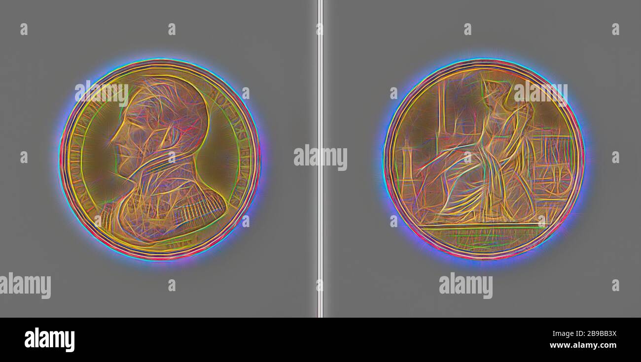 Loi sur les chemins de fer et Inauguration de la ligne Bruxelles-Mechelen, en l'honneur de Léopold I, roi des Belges, Obverse: Buste de l'homme à l'intérieur d'une inscription. Inverse : une femme couronnée assise, représentant le commerce, tient une corne d'abondance dans la main gauche et dans la carte de droite avec des endroits sur elle qui relieront le futur réseau ferroviaire, en arrière-plan: Locomotive, debout devant la colonne, coupé: Inscription, Bruxelles, Mechelen, Leopold I (roi des Belges), Joseph Pierre Braemt, 1835, métal, doré, d 5 cm × W 62,10 gr, réinventé par Gibon, design de glanissement chaleureux et gai de lumière r Banque D'Images
