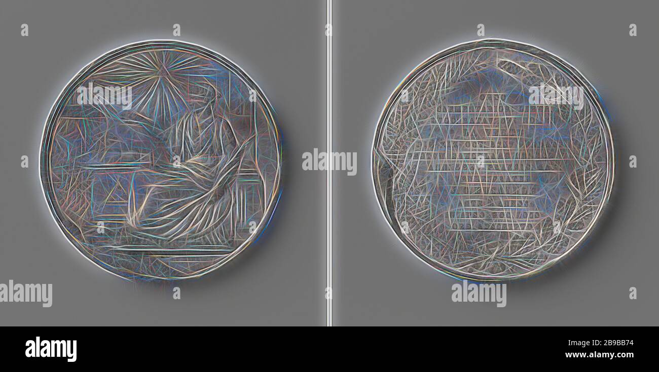 Cent ans dans l'existence de la Vertu lodge de Leiden et cinquante années d'adhésion de l'actuel président de la loge, J.C. Bucaille, le plomb Médaille. A l'avant : allumé par œil qui voit tout en triangle radiant, femme en robe antique avec couronne de laurier détient la vertu, une branche de palmier dans sa main gauche et de sa main droite à un temple flottant avec sept étapes, derrière lequel un radieux soleil brille, derrière elle une colonne avec l'inscription lettre J, en face d'elle un autel, sur lequel se trouve à livre ouvert et dont la base est un triangle équilatéral, à gauche d'un autel un acacia bush et à sa base Banque D'Images