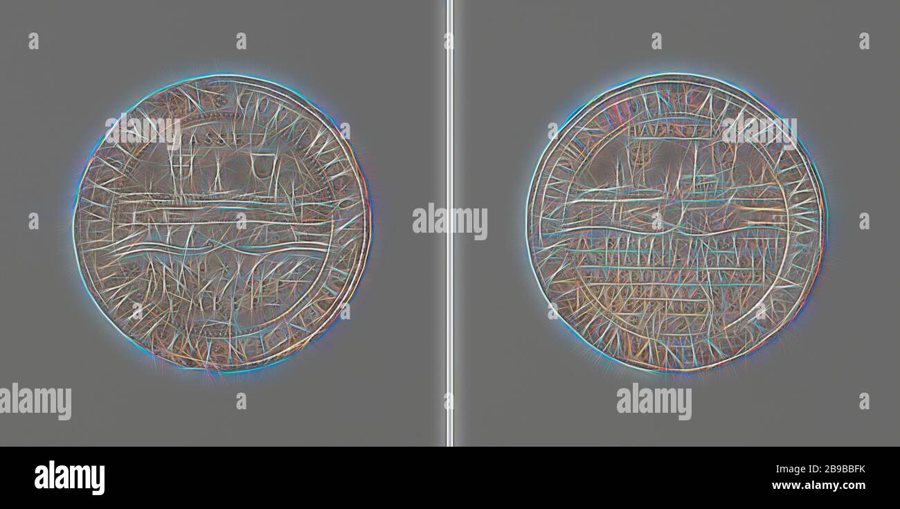 Alliage des tireurs de Haarlem à Hasselt, médaille d'argent. Face : vue de la ville sous inscription et deux armoiries, au-dessus de l'inscription, à l'intérieur de l'inscription. Inverse: Vue de la ville sous inscription et deux armoiries, sous inscription., Haarlem, Hasselt, Overijssel, Willem van Bylaer, Dordrecht, 1623, argent (métal), frappant (métallurgie), d 5,1 cm × W 26,44 gr, reimaginé par Gibon, design de lumière gaie et de lumière. L'art classique réinventé avec une touche moderne. La photographie inspirée du futurisme, embrassant l'énergie dynamique de la technologie moderne, du mouvement, Banque D'Images