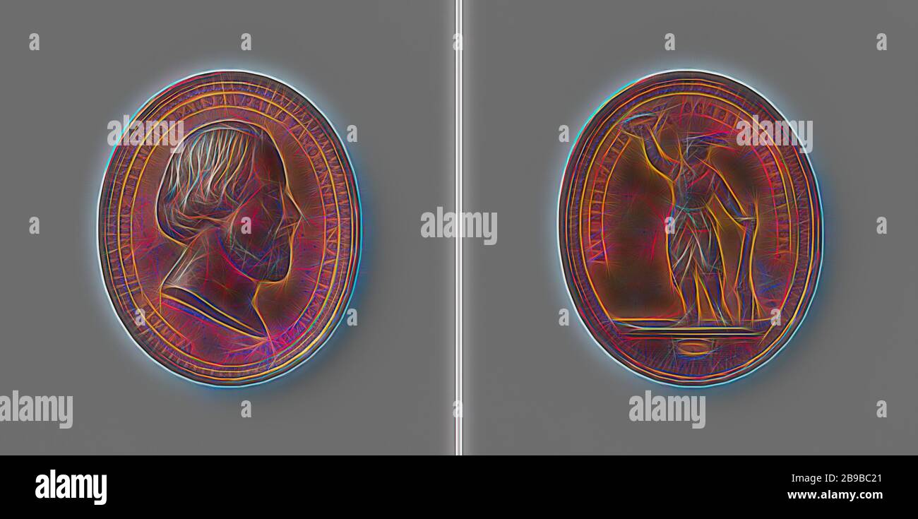 Neerlands Handboog Schutterijen, médaille en l'honneur de William III, roi des Pays-Bas, médaille de bronze ovale. Avant : buste de l'homme à l'intérieur. Inverse : le tireur avec chapeau plombé maintient l'arc et les flèches dans la couronne gauche et l'auréole dans la main droite relevée dans la circonférence, couper: Compartiment vide, Pays-Bas, Willem III (roi des Pays-Bas), David van der Kellen (1804-1879), Utrecht, 1851, bronze (métal), frappant (métallurgie), h 5,8 cm × W 4,8 cm × W 542 gr, repensé par Gibon, design de glanissement chaleureux et de rayons lumineux radiance. L'art classique réinventé avec une touche moderne. Banque D'Images