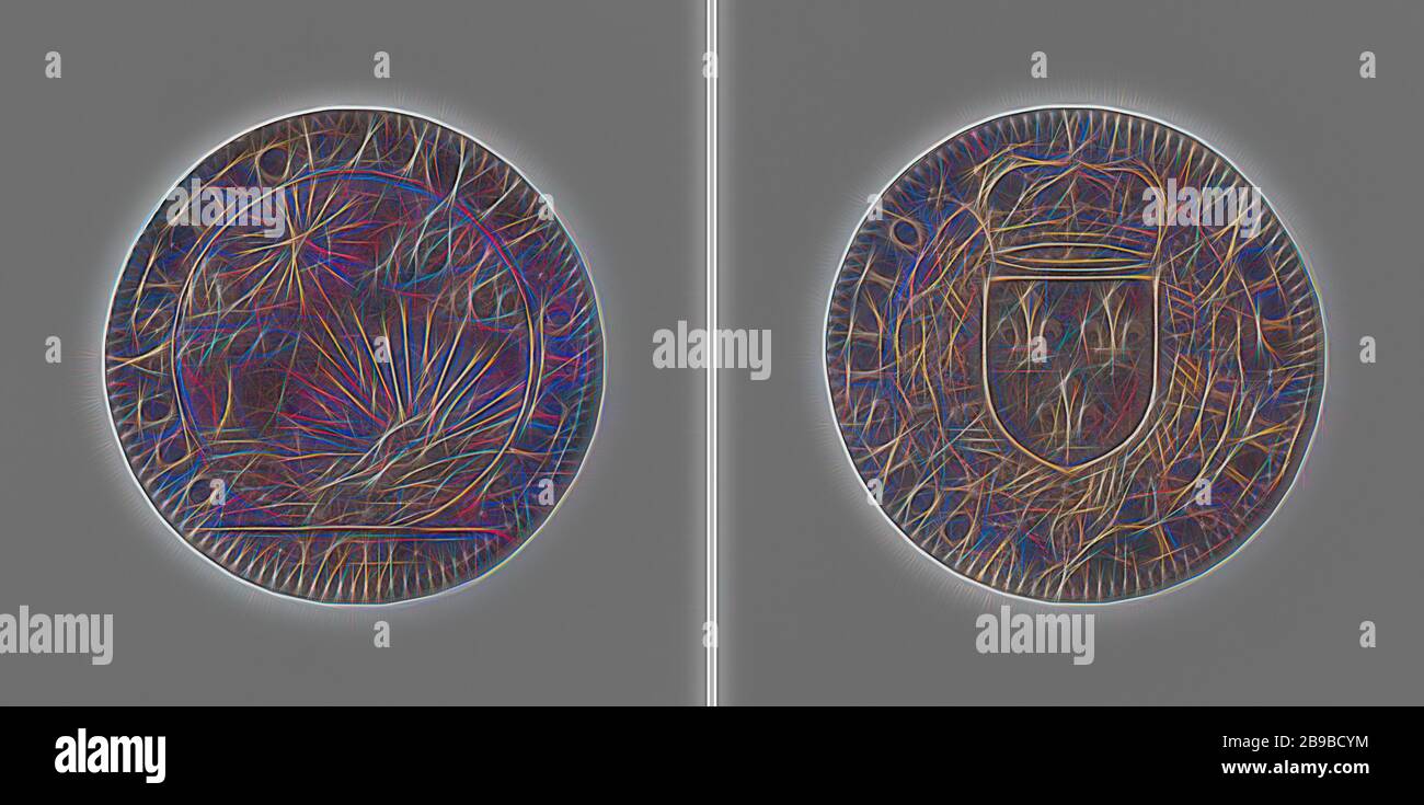 Meurtre d'Henry IV, roi de France, compta le jeton accusé par ordre du Conseil d'Etat, Médaille d'argent Front: soleil sur la mer, étoile brillante dans un cercle au-dessus, coupé: Année. Inverse: Manteau couronné d'armes, suspendu avec les ordres de Saint Michel et du Saint-Esprit dans une inscription, France, Henry IV (roi de France et Navarre), anonyme, Paris, 1611, argent (métal), frappant (métallurgie), d 2,8 cm × W 5,29 gr, reimaginé par Gibon, conception d'un brillant chaleureux et joyeux de la luminosité et des rayons de lumière radiance. L'art classique réinventé avec une touche moderne. Photographie inspirée du futur Banque D'Images