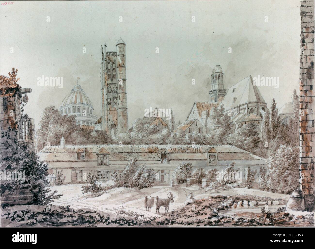 Vue sur les ruines de l'abbaye Saint Geneviève Clovis pour tourner le chevet Saint-Etienne-du-Mont et le dôme du Panthéon Denise Duchâteau-Destours. Vue des ruines de l'abbaye Sainte-Geneviève vers la tournée Clovis, le chevet de Saint-Etienne-du-Mont et le dôme du Panthéon. Dessert. Paris, musée Carnavalet. Banque D'Images