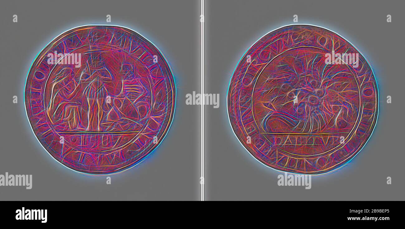 Maladie et famine aux Pays-Bas espagnols à la suite du blocus de guerre, Médaille du cuivre. Obverse: Spaniard, debout entre faim, représenté comme une femme assise, émaciée, et mort, représenté comme un squelette, assis au milieu d'une arme entourée d'un enveloppement, coupé: Année. Inverse: Corne d'abondance farcie dans un emballage, coupé: Inscription, Belgique, anonyme, Dordrecht, 1587, cuivre (métal), frappant (métallurgie), d 3 cm × W 5.33 gr, réinventé par Gibon, design de glanissement chaud et gai de la luminosité et des rayons de lumière radiance. L'art classique réinventé avec une touche moderne. La photographie en tout cas Banque D'Images