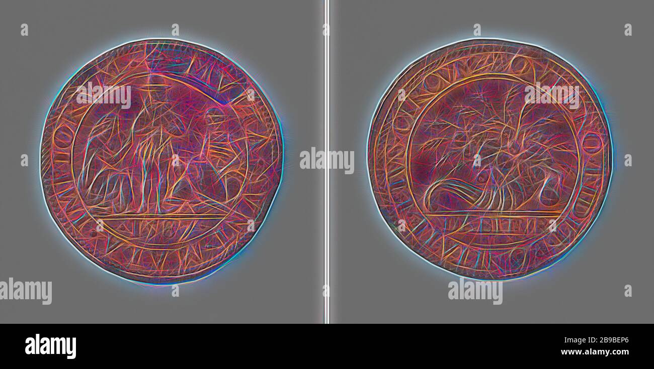 Maladie et famine aux Pays-Bas espagnols à la suite du blocus de guerre, Médaille du cuivre. Obverse: Spaniard, debout entre faim, représenté comme une femme assise, émaciée, et mort, représenté comme un squelette, assis au milieu d'une arme entourée d'un enveloppement, coupé: Année. Inverse: Corne d'abondance farcie dans un emballage, coupé: Inscription, Belgique, anonyme, Dordrecht, 1587, cuivre (métal), frappant (métallurgie), d 3,1 cm × W 5,96 gr, réinventé par Gibon, design de glanissement chaud et gai de la luminosité et des rayons de lumière radiance. L'art classique réinventé avec une touche moderne. Photographie in Banque D'Images