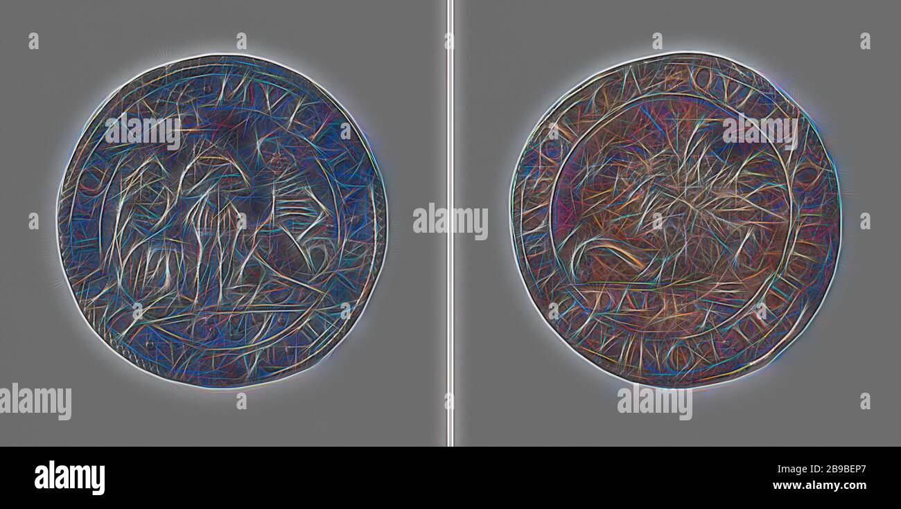 Maladie et famine aux Pays-Bas espagnols à la suite du blocus de guerre, médaille d'argent. Obverse: Spaniard, debout entre faim, représenté comme une femme assise, émaciée, et mort, représenté comme un squelette, assis au milieu d'une arme entourée d'un enveloppement, coupé: Année. Inverse: Corne d'abondance farcie dans un emballage, coupé: Inscription, Belgique, anonyme, Dordrecht, 1587, argent (métal), frappant (métallurgie), d 3 cm × W 7.70 gr, réinventé par Gibon, design de glanissement chaud et gai de la luminosité et des rayons de lumière radiance. L'art classique réinventé avec une touche moderne. La photographie en tout cas Banque D'Images