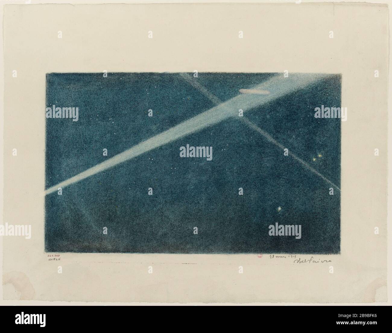 Projecteurs sur Zeppelins à Paris, nuit du 21 mars 1915. Banque D'Images