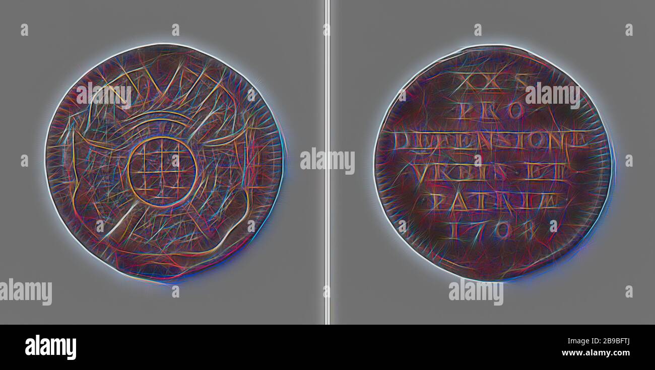 Rijssel pris par les alliés, pièce d'urgence de vingt pennies, Obverse: Couronné manteau d'armes sur deux barreaux marshaux croisés et le cloak de duke, accroché à l'ordre de Saint Louis, Saint Michel et le Saint-Esprit, excellent au-dessus de cela: Six banderoles. Inverse: Inscription, Lille, Louis François duke de Boufflers, anonyme, 1708, cuivre (métal), frappant (métallurgie), d 3 cm × W 7.66 gr, repensé par Gibon, design de glanissement chaleureux et gai de luminosité et rayons de lumière radiance. L'art classique réinventé avec une touche moderne. La photographie inspirée du futurisme, qui embrasse l'énergie dynamique de la technologie moderne, Banque D'Images