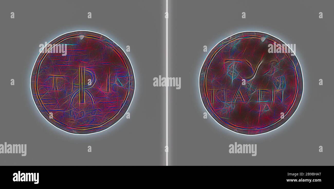 Guilde inconnue, jeton de guilde par Tijs Klasen, médaille de laiton. Recto: Étiquette privée entre les lettres T et K au-dessus de l'année. Inverse : inscription, Tijs Klasen, anonyme, Pays-Bas, 1696, laiton (alliage), gravure, d 4,6 cm × W 7,42 gr, repensée par Gibon, design de glouage chaleureux de luminosité et de rayons de lumière radiance. L'art classique réinventé avec une touche moderne. La photographie inspirée du futurisme, qui embrasse l'énergie dynamique de la technologie moderne, du mouvement, de la vitesse et révolutionne la culture. Banque D'Images