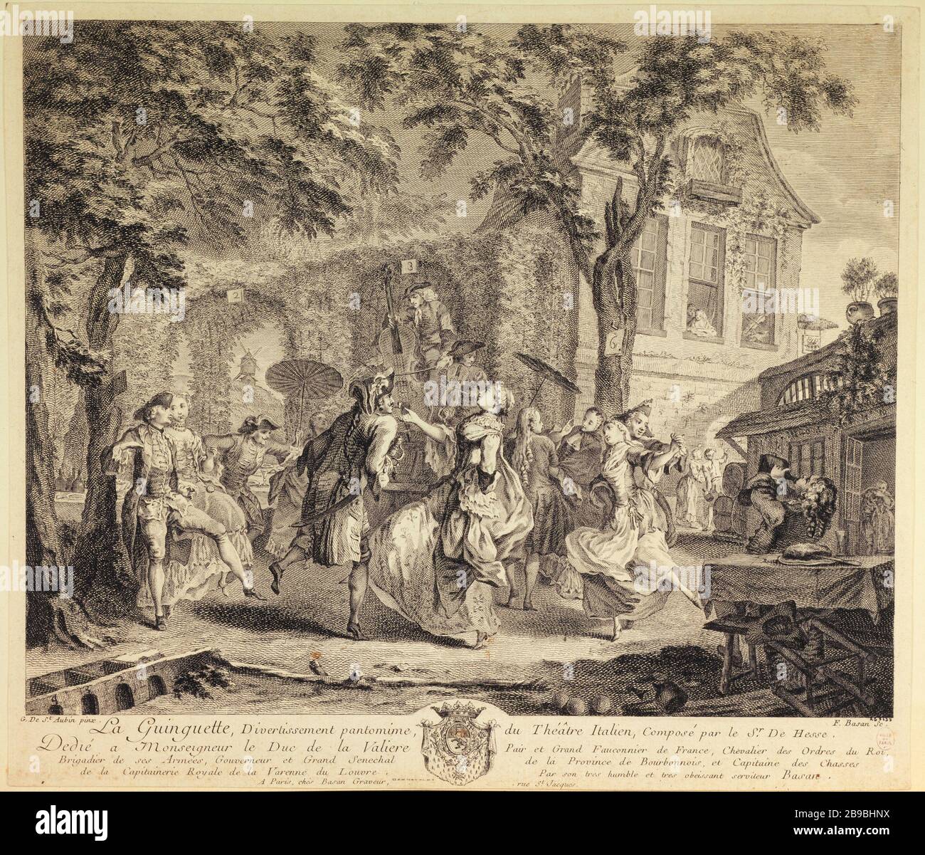 Guinguette Gabriel de Saint-Aubin et Pierre-Fraçois Basan (1723-1797). 'La Guinguette, diversation pantomime' du Théâtre Italien, compositeur par le siège de Hesse. Eau-forte noir et blanc. Paris, musée Carnavalet. Banque D'Images