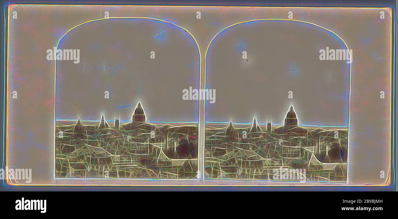 Panorama de Paris avec vue sur le dôme du Panthéon, perspective de la ville,  panorama de la ville, silhouette de ville, dôme, architecture, Paris,  anonyme, 1850 - 1880, carton, papier photographique, imprimé