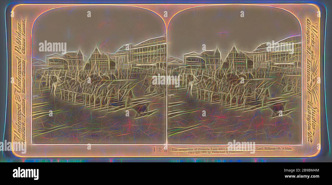 L'occupation de Pretoria le 5 juin - les troupes passant devant Lord Roberts, S.A., Underwood et Underwood, 1901, repensé par Gibon, la conception de gaie chaud et gai lumineux rayonnant. L'art classique réinventé avec une touche moderne. La photographie inspirée du futurisme, qui embrasse l'énergie dynamique de la technologie moderne, du mouvement, de la vitesse et révolutionne la culture. Banque D'Images