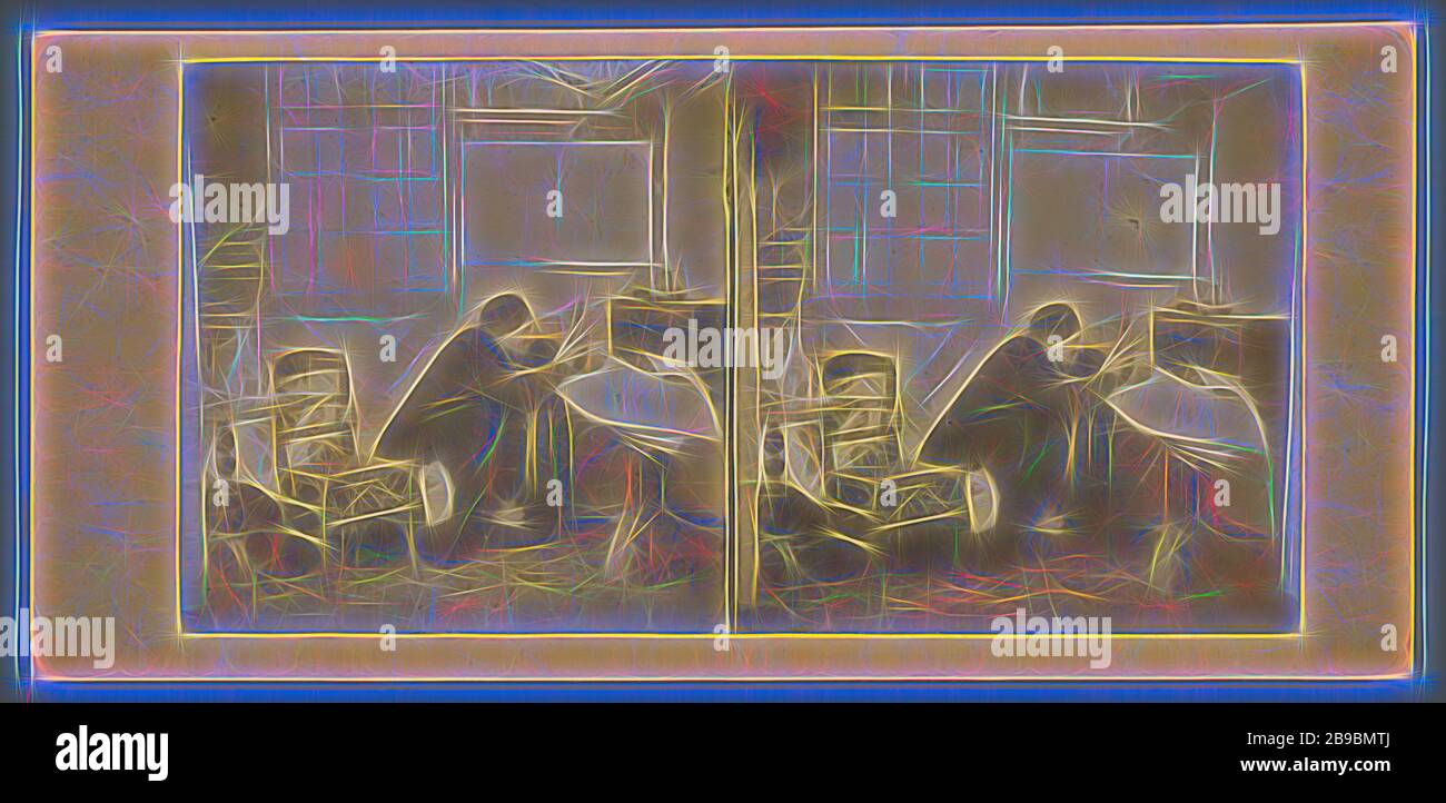 Représentation théâtrale d'un voleur qui vole quelque chose et une autre personne se cachant derrière une chaise, voleur, Europe, anonyme, c. 1850 - c. 1880, carton, papier photographique, imprimé albumen, h 85 mm × W 170 mm, réinventé par Gibon, design de brillant gai chaud de luminosité et de rayonnement de rayons de lumière. L'art classique réinventé avec une touche moderne. La photographie inspirée du futurisme, qui embrasse l'énergie dynamique de la technologie moderne, du mouvement, de la vitesse et révolutionne la culture. Banque D'Images