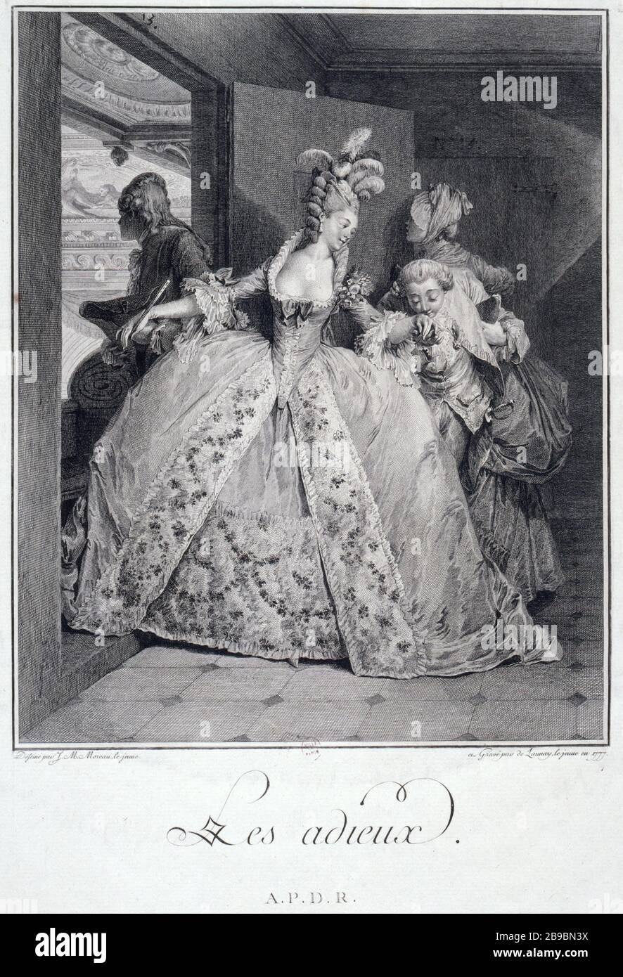 GOODBYES Jean-Michel Moreau le Jeune (1741-1814) et Robert Delaunay dit le Jeune (1749-1814), graveurs. 'Les adieux'. Gravure, 1777. Paris, musée Carnavalet. Banque D'Images