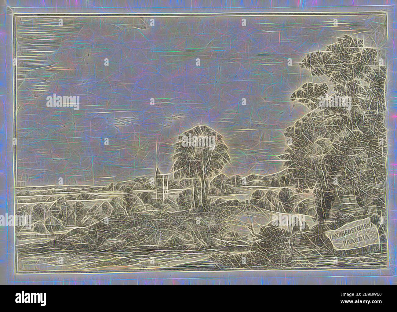 Paysage avec deux hommes sur une route de terre et une vue d'un village paysages (titre de série), perspective de village, silhouette de village, Jan van Brosterhuyzen (mentionné sur objet), Pays-Bas, 1610 - 1650, papier, gravure, 162 h × W 235 mm, repensé par Gibon, conception d'un brillant chaleureux et joyeux de la luminosité et des rayons de lumière radiance. L'art classique réinventé avec une touche moderne. La photographie inspirée du futurisme, qui embrasse l'énergie dynamique de la technologie moderne, du mouvement, de la vitesse et révolutionne la culture. Banque D'Images