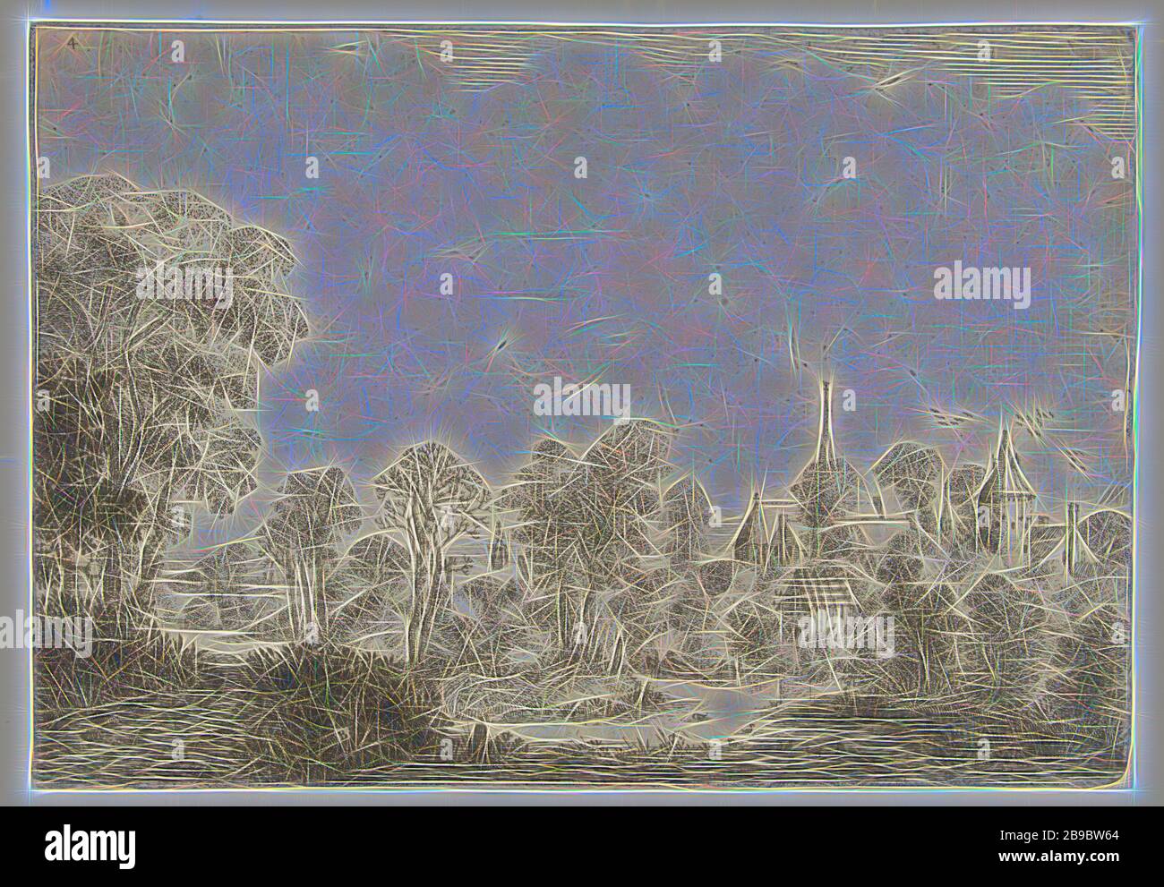 Paysage avec vue sur le village et l'homme en bateau paysages (titre de la série), Jan van Brosterhuyzen (mentionné sur l'objet), Pays-Bas, 1610 - 1650, papier, gravure, h 162 mm × W 234 mm, repensé par Gibon, conception de glanissement chaud et gai de luminosité et rayons de lumière radiance. L'art classique réinventé avec une touche moderne. La photographie inspirée du futurisme, qui embrasse l'énergie dynamique de la technologie moderne, du mouvement, de la vitesse et révolutionne la culture. Banque D'Images