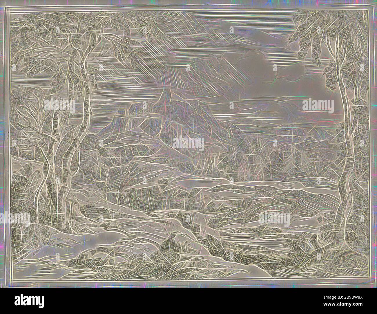 Paysage avec des bergers paysages après Gaspar Poussin (titre de la série), paysage vallonné avec deux bergers dormant au premier plan. L'imprimé fait partie d'une série de paysages à base de peintures de Gaspar Poussin, (haute) colline (paysage avec figures, étaffage), herding, herdsman, herdswoman, berger, bergers, lâches, cowherd, etc., Johannes Glauber (mentionné sur l'objet), inconnu, 1656 - 1726, papier, gravure, h 293 mm W, imaginé par Gibon, 389 mm conception d'un brillant chaleureux et joyeux de la luminosité et des rayons de lumière radiance. L'art classique réinventé avec une touche moderne. Photographie inspirée de futuri Banque D'Images