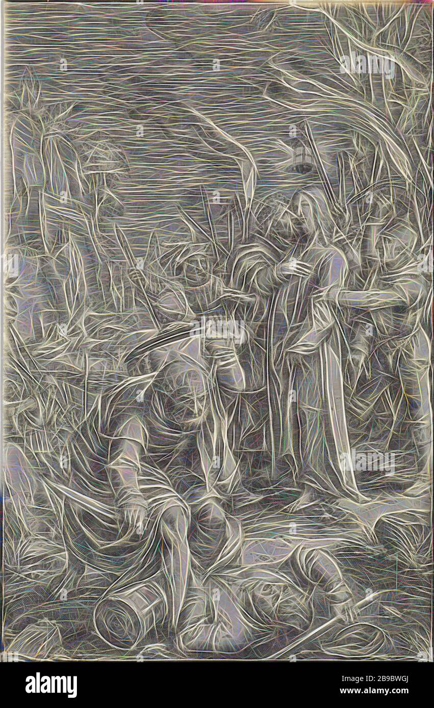 Capture du Christ la Passion (titre de la série), le Christ est capturé par des soldats dans le jardin de Gethsemane. Judas l'embrasse sur la joue. Au premier plan, Petrus Malchus chops d'une oreille, Peter tire son épée et coupe l'oreille de Malchus, le baiser de Judas: Accompagné de soldats avec des torches et des lanternes, il embrasse Christ, Ludovicus Siceram, Anvers, 1623, papier, gravure, h 193 mm × W 128 mm, repensé par Gibon, design de glanage chaleureux et gai de luminosité et de rayons de lumière radiance. L'art classique réinventé avec une touche moderne. La photographie inspirée du futurisme, embrassant l'énergie dynamique du mode Banque D'Images