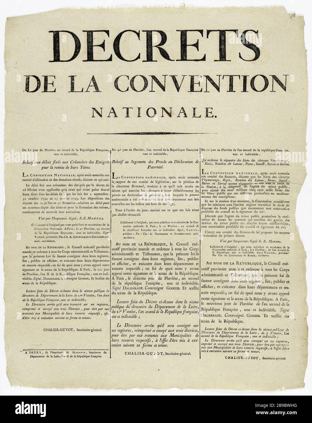 DÉCRET DE LA CONVENTION NATIONALE. 6ème jour de Pluviose, année II de la République française [sic], un et indivisible, concernant les délais aux créanciers émigrants pour la remise de leurs titres. Fiche sur les décrets de la Convention nationale. Typographie, 1794. Paris, musée Carnavalet. Banque D'Images