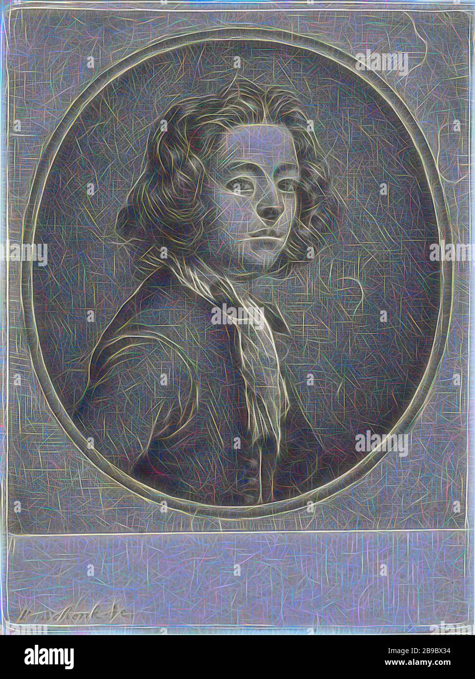 Portrait d'un jeune homme inconnu, fauteuil, siège, Pieter Schenk (I) (mentionné sur l'objet), Amsterdam, 1670 - 1713, papier, gravure, h 118 mm × W 88 mm, réinventé par Gibon, design de glanissement chaleureux et gai de la luminosité et des rayons de lumière radiance. L'art classique réinventé avec une touche moderne. La photographie inspirée du futurisme, qui embrasse l'énergie dynamique de la technologie moderne, du mouvement, de la vitesse et révolutionne la culture. Banque D'Images