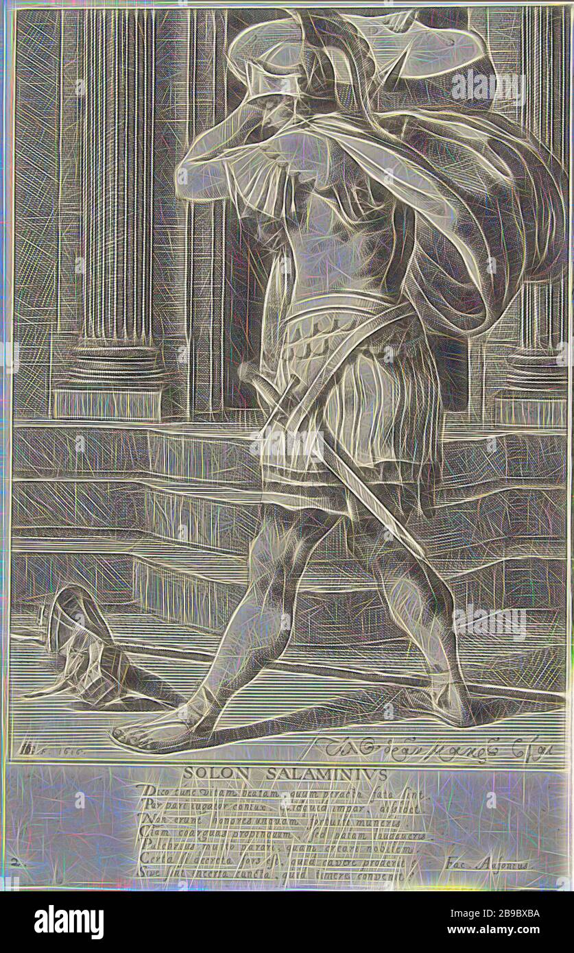 Solon Solon d'Athènes (Salaminius titre sur l'objet) Les sept sages de la Grèce (titre de la série), un homme en vêtements militaires, portrait en pied, visible sur la gauche, debout près d'un bâtiment, un grand bloc sur l'épaule droite, un gant et une lance pour les pieds. En dessous de la performance un poème latin en ligne 7. Cette gravure fait partie d'une série de huit estampes : un titre imprimer et sept portraits numérotés de sages grecs., les sept sages de la Grèce : Biais, Chilon, Cléobule, Periander (sinon Myson), Pittacus, Solon, Thalès, Jacob de Gheyn (III) (mentionné sur l'objet), 1616, papier, gravure, h 300 Banque D'Images