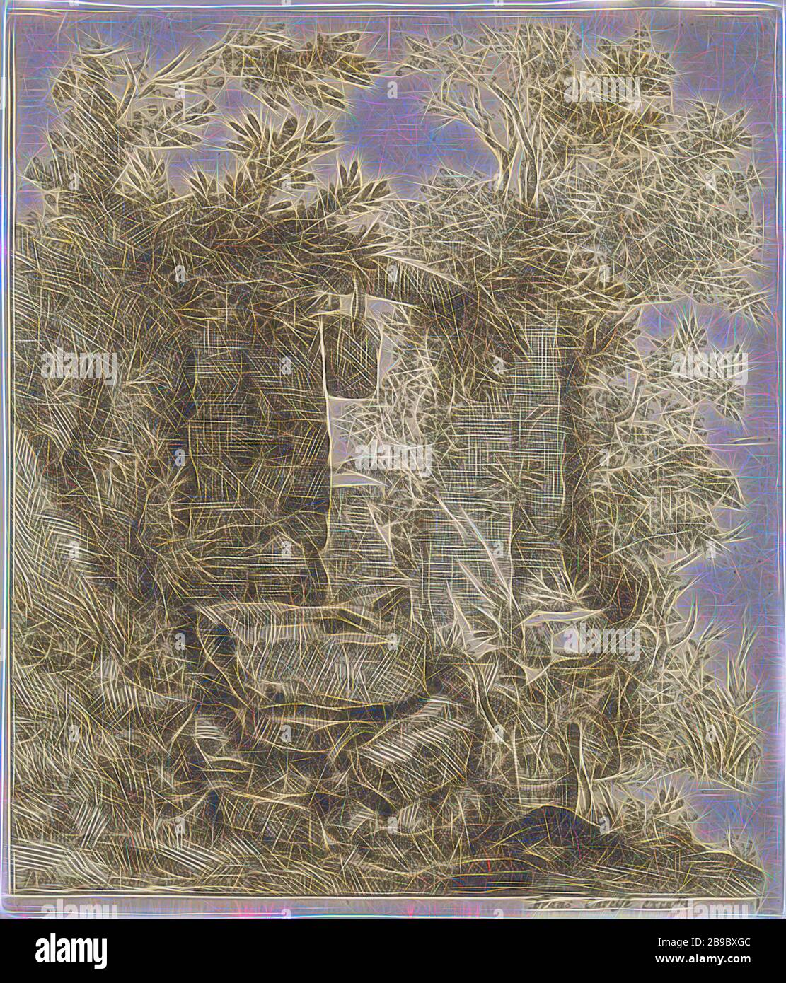 Portail en pierre ruiné dans un paysage paysages paysages (titre de série), paysage avec ruines, conteneur en bois: Tonneau, fût (variante), auge, Jacob Lutma (mentionné sur l'objet), Amsterdam, 1665 - 1683, papier, gravure, h 143 mm × W 123 mm, repensé par Gibon, conception de glanissement chaud gai de la luminosité et des rayons de lumière. L'art classique réinventé avec une touche moderne. La photographie inspirée du futurisme, qui embrasse l'énergie dynamique de la technologie moderne, du mouvement, de la vitesse et révolutionne la culture. Banque D'Images