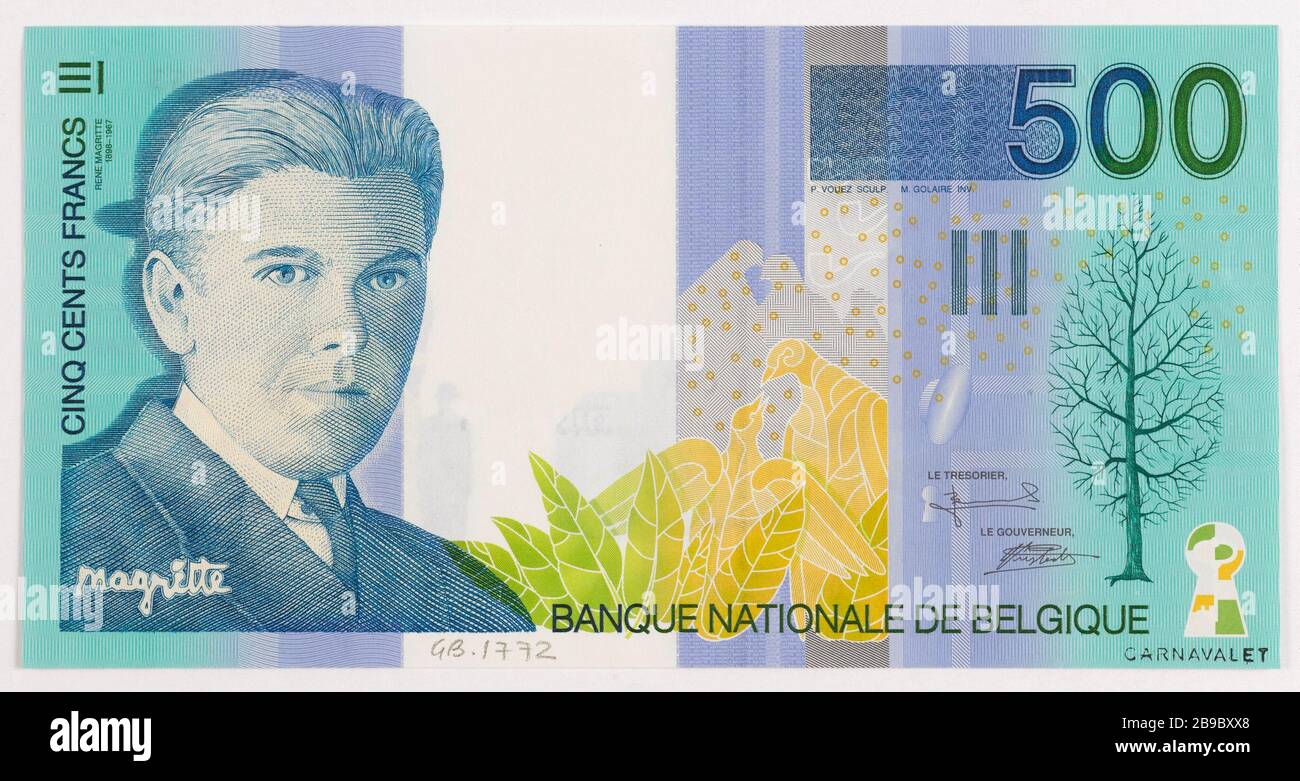 Note de 500 francs, Banque nationale de Belgique, n° 44000282263 (front). P. Vollez graveur