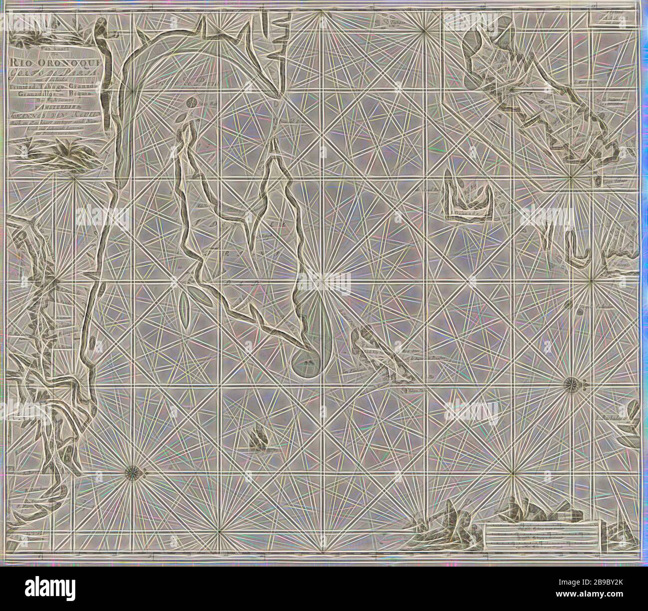 Carte Pass du golfe de Paria, à l'embouchure de l'orénoque carte Pass de Rio Oronoque Golfo de paria. avec d''ey pays Trinidad, Niger, Grenade, Granadillos, et Bequia (titre sur l'objet), la carte passeport du golfe de Paria, à l'embouchure de l'Orénoque et de l'insérer la carte de Tobago. Avec deux rose, le Nord est à droite. Haut à gauche un singe à l'intitulé et l'adresse de l'éditeur. Coin inférieur droit avec trident de Neptune et de la couronne sur un cheval de mer accompagné de deux sirènes. Deux hommes avec des sacs de marchandises à l'échelle, illustré en Allemand, Espagnol et Anglais ou Français miles Banque D'Images