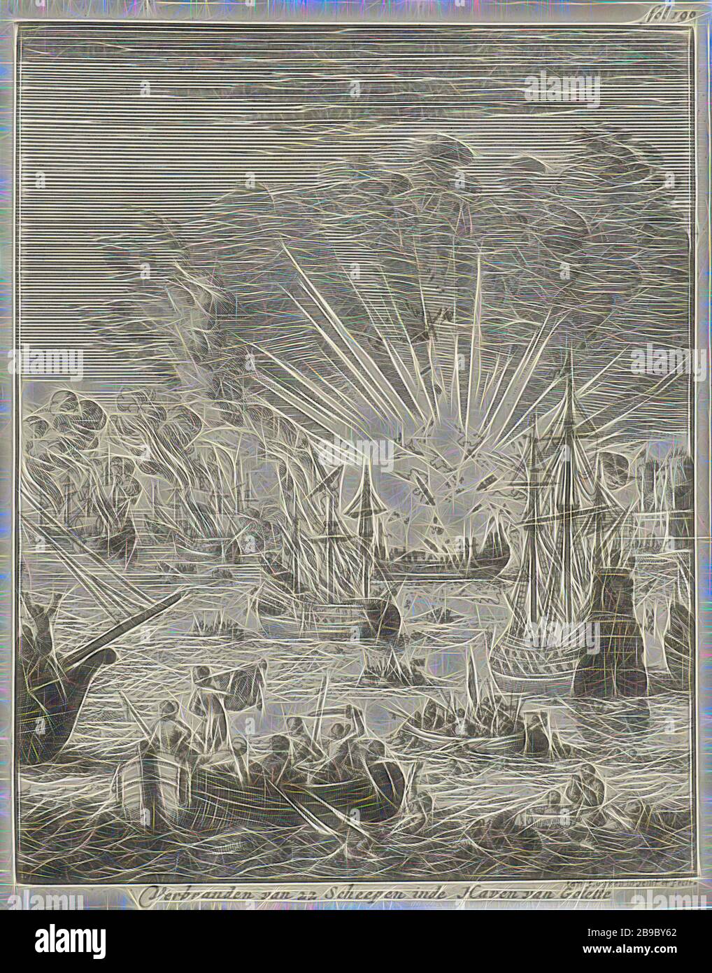 La surprise de trois galléons portugais dans la baie de Goa, 30 septembre 1639 incendie de 22 navires dans le port de Golette (titre sur objet), Imprimer en haut à droite marquée: fol. 190, bataille (bateaux de voile), Goa, Jan Luyken (mentionné sur l'objet), Amsterdam, 1684, papier, gravure, h 174 mm × W 137 mm, repensée par Gibon, conception de glanissement chaleureux et gai de luminosité et rayons de lumière radiance. L'art classique réinventé avec une touche moderne. La photographie inspirée du futurisme, qui embrasse l'énergie dynamique de la technologie moderne, du mouvement, de la vitesse et révolutionne la culture. Banque D'Images