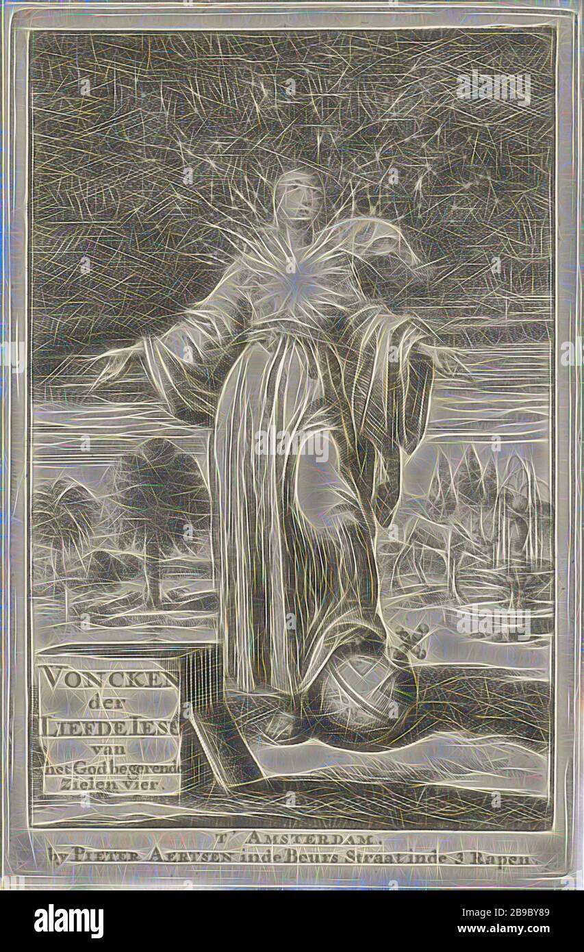 Femme avec bosom brûlant regardant vers le haut son pied est basé sur une pomme du gouvernement. En arrière-plan, un cerf boit à partir d'une fontaine, le Sacré-cœur, orbe (symbole de souveraineté, sphère avec croix sur le dessus), fontaine de jardin, animaux à accrochage : deer, Jan Luyken, Amsterdam, 1687, papier, gravure, h 138 mm × W 90 mm, repensé par Gibon, design de glanage chaleureux et gai de la luminosité et des rayons de lumière radiance. L'art classique réinventé avec une touche moderne. La photographie inspirée du futurisme, qui embrasse l'énergie dynamique de la technologie moderne, du mouvement, de la vitesse et révolutionne la culture. Banque D'Images