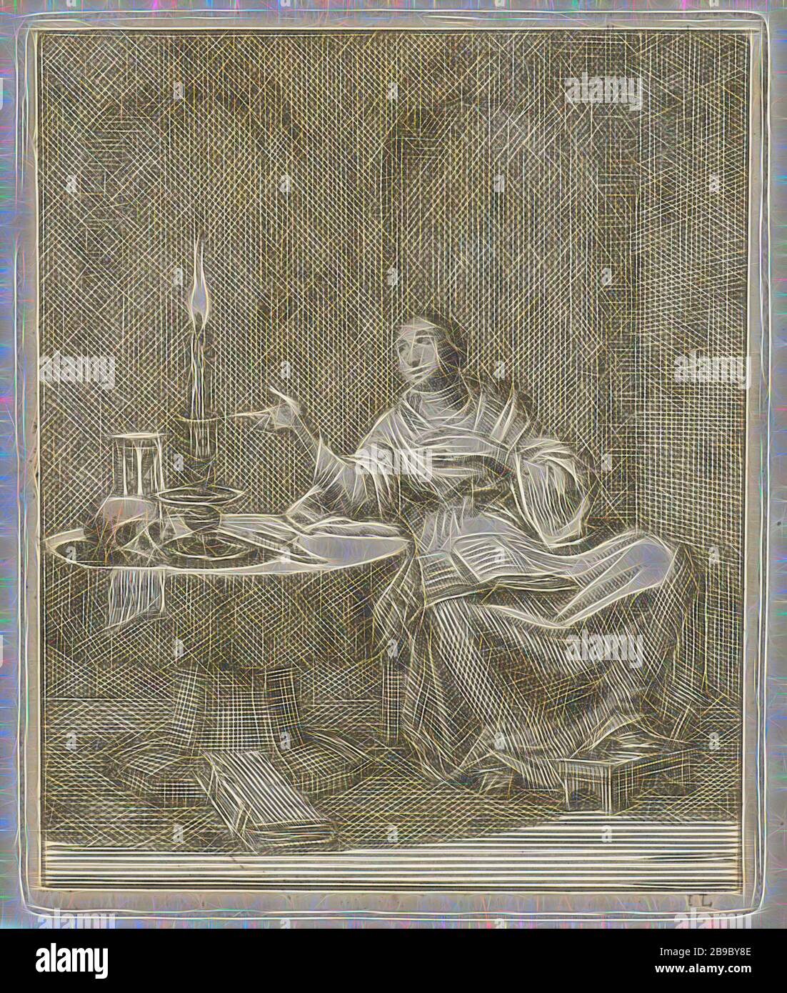 Femme assise à une table avec une bougie brûlante, un sablier et un crâne. La seconde est meilleure, les symboles 'Vanitas', Jan Luyken (mentionné sur l'objet), Amsterdam, 1687, papier, impression typographique, h 94 mm × W 78 mm, repensé par Gibon, conception de glanissement chaud et gai de la luminosité et des rayons de lumière radiance. L'art classique réinventé avec une touche moderne. La photographie inspirée du futurisme, qui embrasse l'énergie dynamique de la technologie moderne, du mouvement, de la vitesse et révolutionne la culture. Banque D'Images